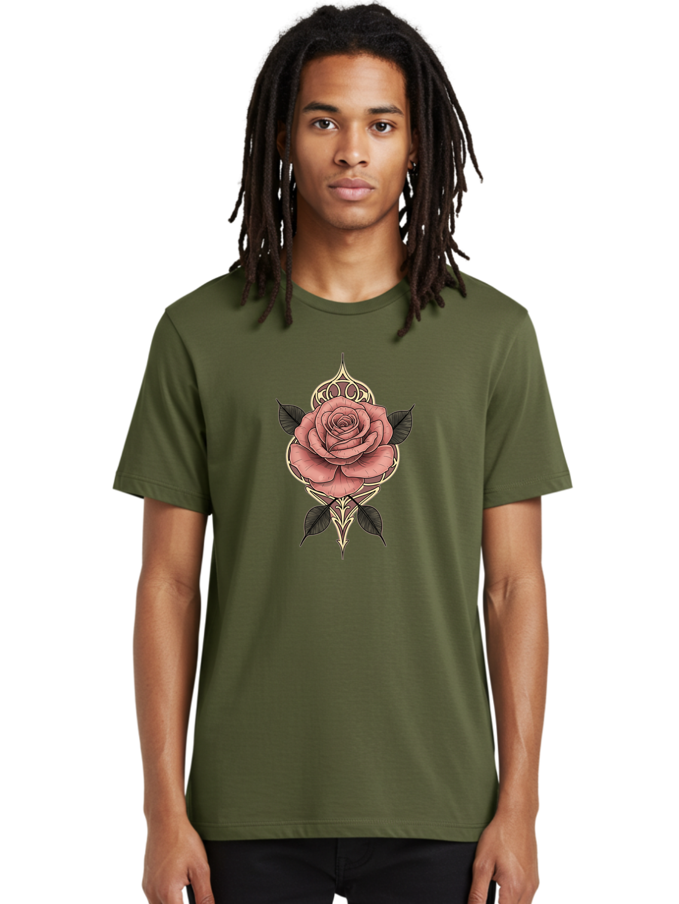 Rose-Illustration Men'S Graphic Tee, 100% Cotton, Comfortable Casual Summer Wear, Machine Washable, Stylized Rose Illustration, Decorative Floral Design, Pink Rose, Black Leaves, Intricate Line Art, Ornate Details, Body Art Inspiration, Bae258 30