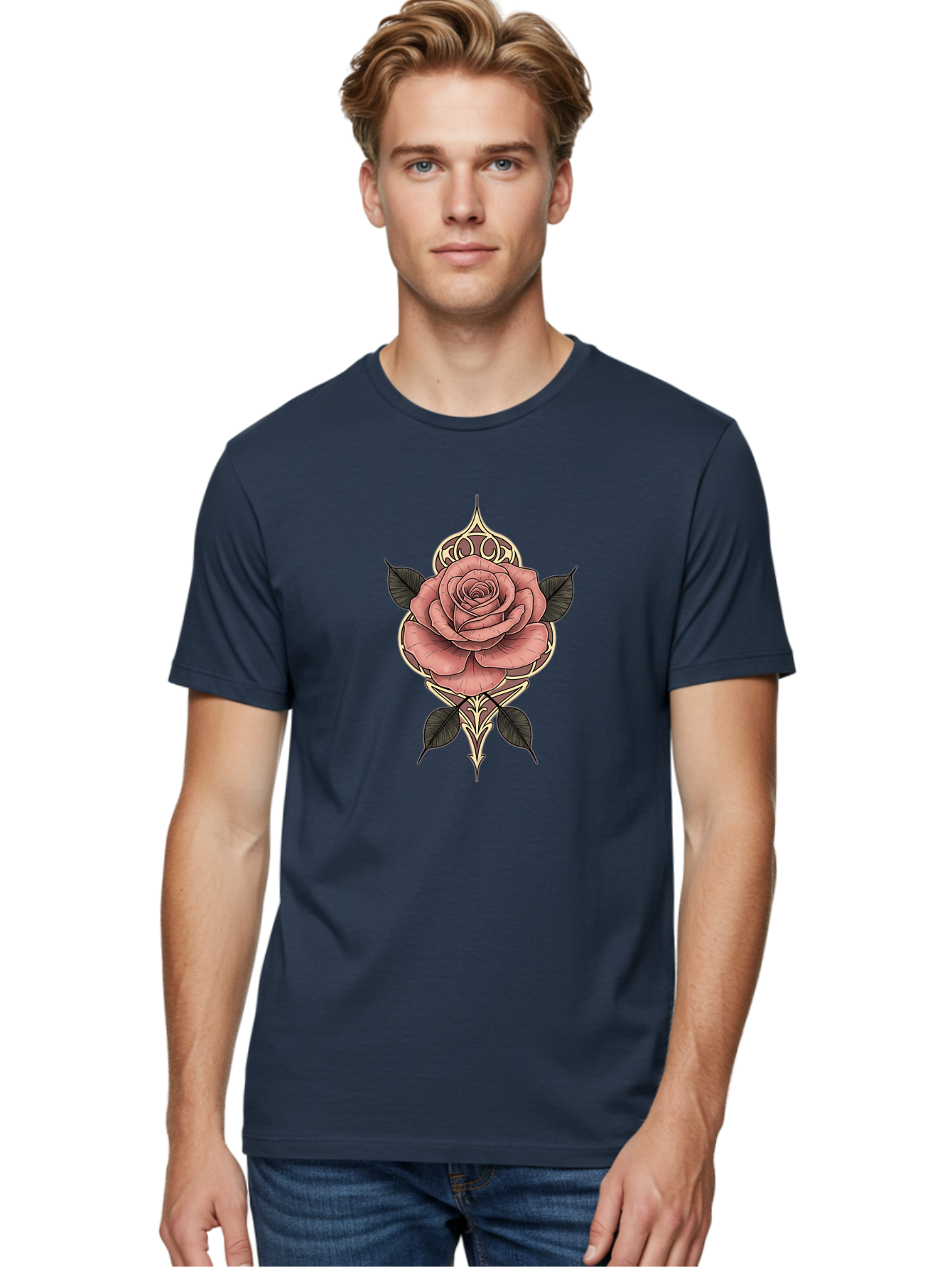 Rose-Illustration Men'S Graphic Tee, 100% Cotton, Comfortable Casual Summer Wear, Machine Washable, Stylized Rose Illustration, Decorative Floral Design, Pink Rose, Black Leaves, Intricate Line Art, Ornate Details, Body Art Inspiration, Bae258 16