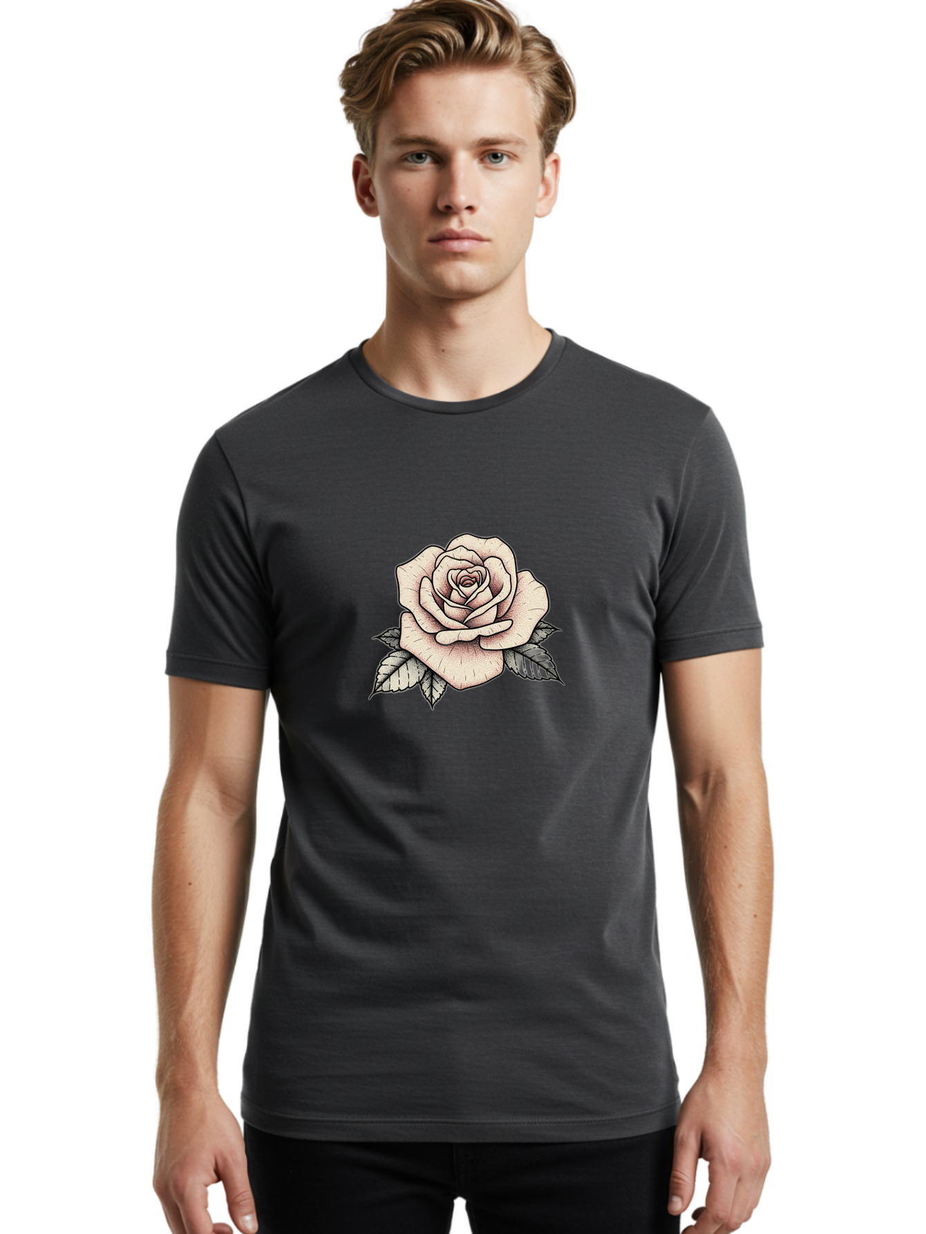 Rose-With-Leaves Men'S Graphic Tee, 100% Cotton, Comfortable Casual Summer Wear, Machine Washable, Tattoo Style Rose, Illustration Art, Floral Design, Love Symbol, Delicate Petals, Leafy Greens, Ink Art, Classic Flower Bae259 23