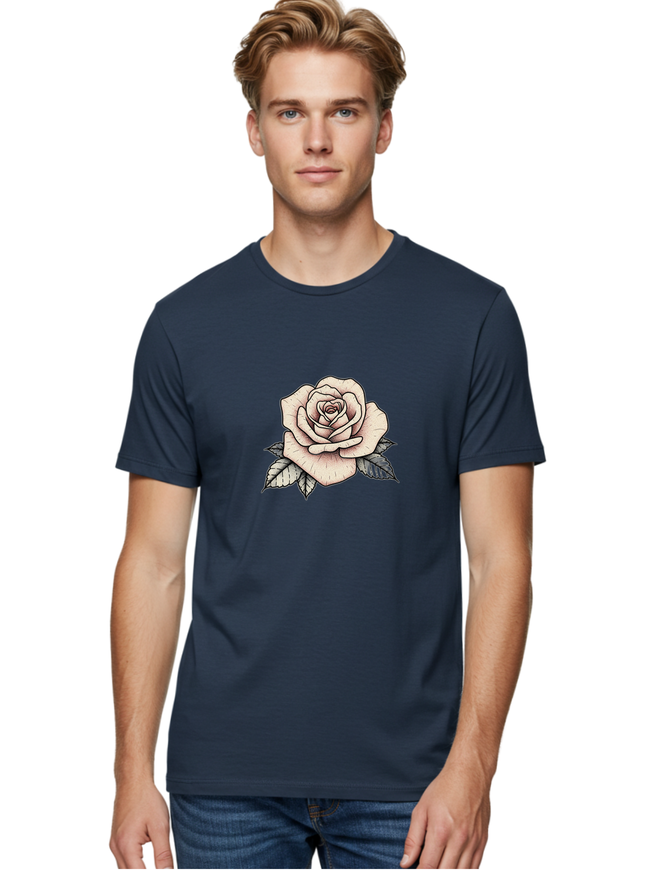 Rose-With-Leaves Men'S Graphic Tee, 100% Cotton, Comfortable Casual Summer Wear, Machine Washable, Tattoo Style Rose, Illustration Art, Floral Design, Love Symbol, Delicate Petals, Leafy Greens, Ink Art, Classic Flower Bae259 18