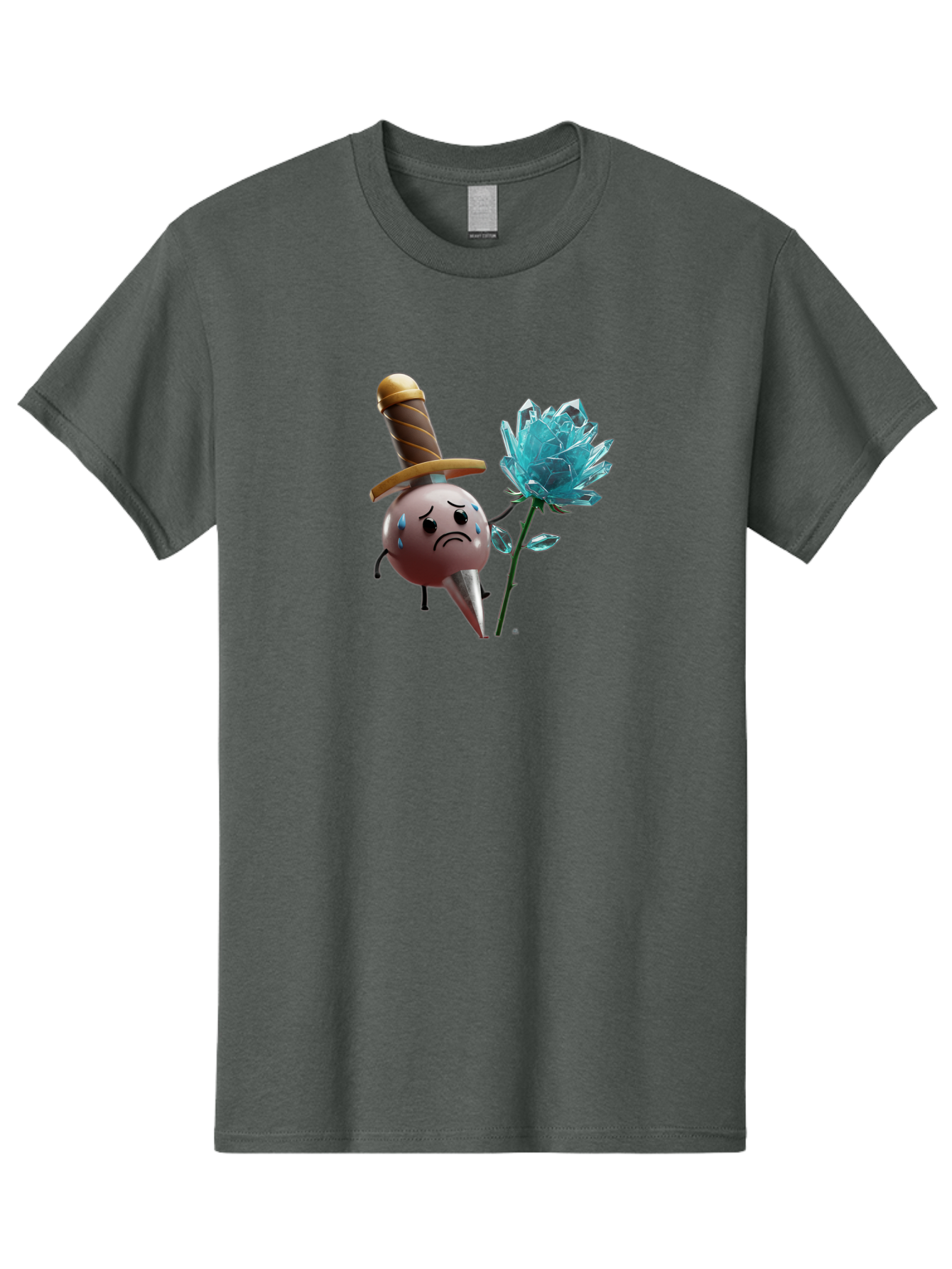Sad-Bullet-Kin-With-Crystal-Flower Men'S Graphic Tee, 100% Cotton, Comfortable Casual Summer Wear, Machine Washable, Sad Bullet Kin, Crying Face, Blue Tears, Sword Hat, Crystal Flower, Cartoon Character, 3D Animation, Video Game Asset, Bae261 4