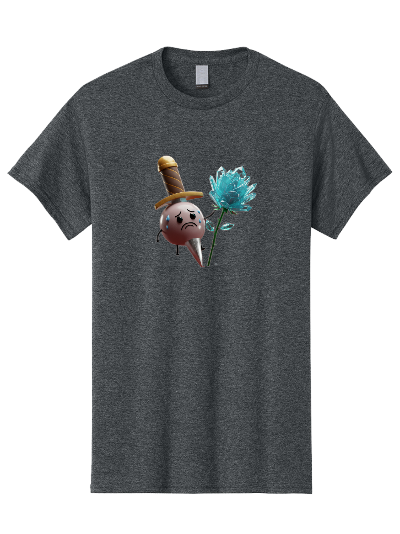 Sad-Bullet-Kin-With-Crystal-Flower Men'S Graphic Tee, 100% Cotton, Comfortable Casual Summer Wear, Machine Washable, Sad Bullet Kin, Crying Face, Blue Tears, Sword Hat, Crystal Flower, Cartoon Character, 3D Animation, Video Game Asset, Bae261 11