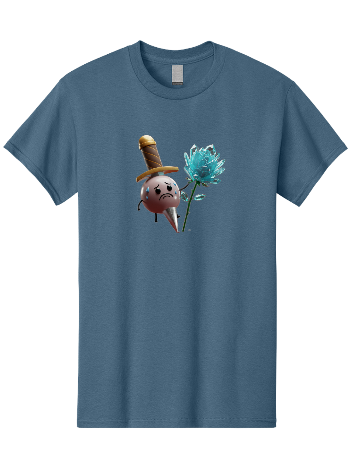 Sad-Bullet-Kin-With-Crystal-Flower Men'S Graphic Tee, 100% Cotton, Comfortable Casual Summer Wear, Machine Washable, Sad Bullet Kin, Crying Face, Blue Tears, Sword Hat, Crystal Flower, Cartoon Character, 3D Animation, Video Game Asset, Bae261 12