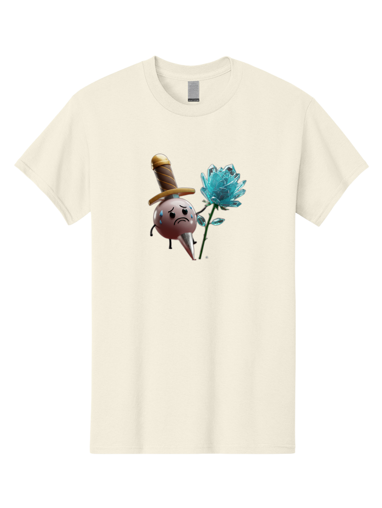 Sad-Bullet-Kin-With-Crystal-Flower Men'S Graphic Tee, 100% Cotton, Comfortable Casual Summer Wear, Machine Washable, Sad Bullet Kin, Crying Face, Blue Tears, Sword Hat, Crystal Flower, Cartoon Character, 3D Animation, Video Game Asset, Bae261 15