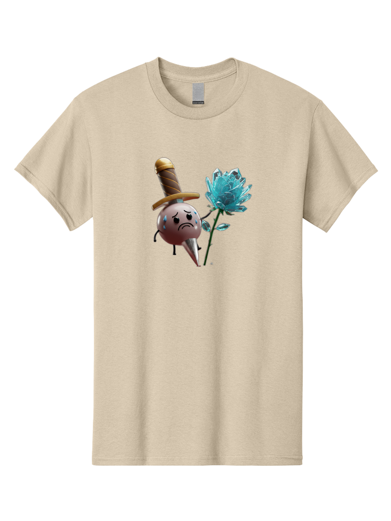 Sad-Bullet-Kin-With-Crystal-Flower Men'S Graphic Tee, 100% Cotton, Comfortable Casual Summer Wear, Machine Washable, Sad Bullet Kin, Crying Face, Blue Tears, Sword Hat, Crystal Flower, Cartoon Character, 3D Animation, Video Game Asset, Bae261 5