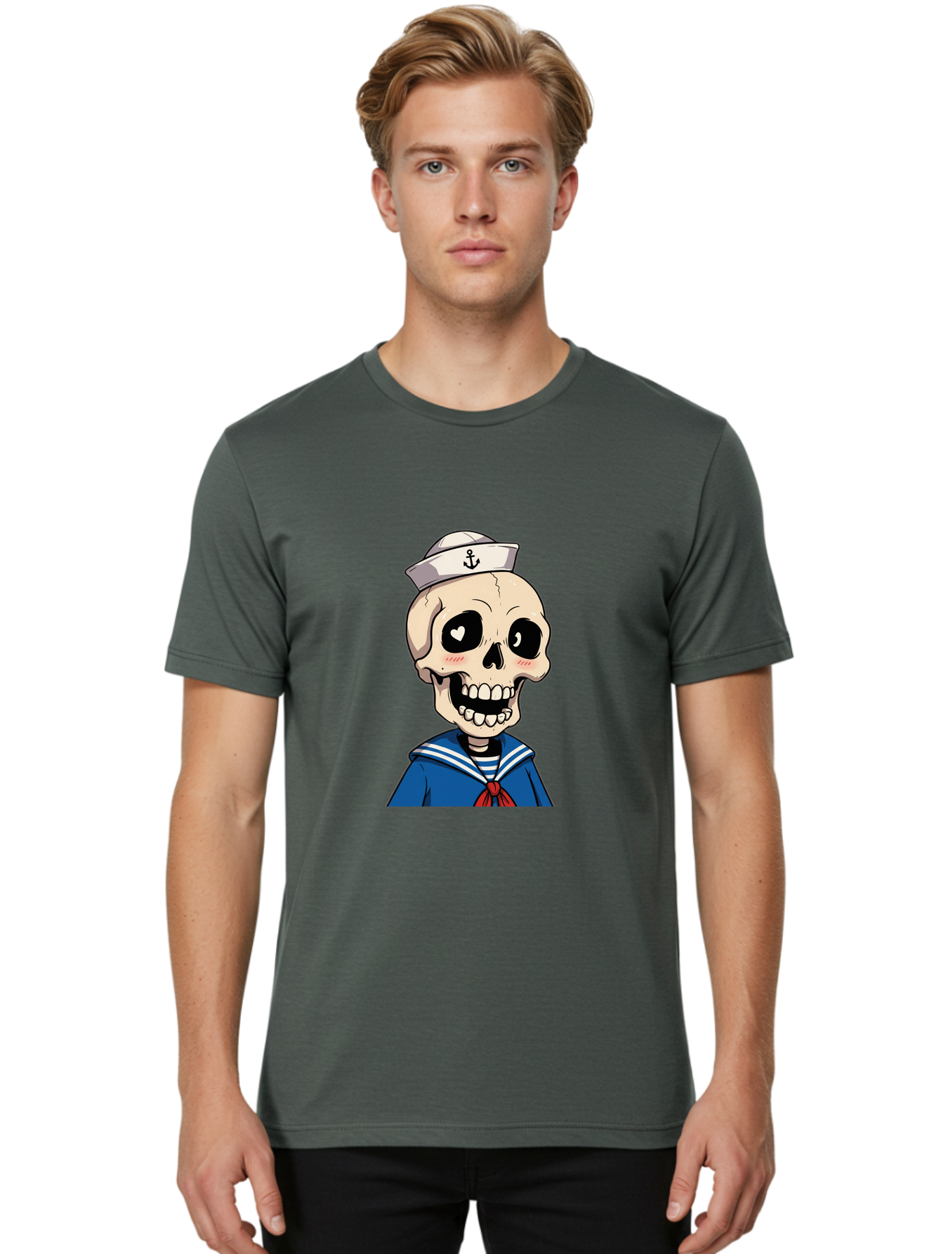 Sailor-Skull Men'S Graphic Tee, 100% Cotton, Comfortable Casual Summer Wear, Machine Washable, Cartoon Skull, Sailor Costume, Nautical Theme, Heart-Shaped Eye, Charming Smile, Kawaii Style, Quirky Character, Skeletal Figure, Anchor Hat, Bae264 19