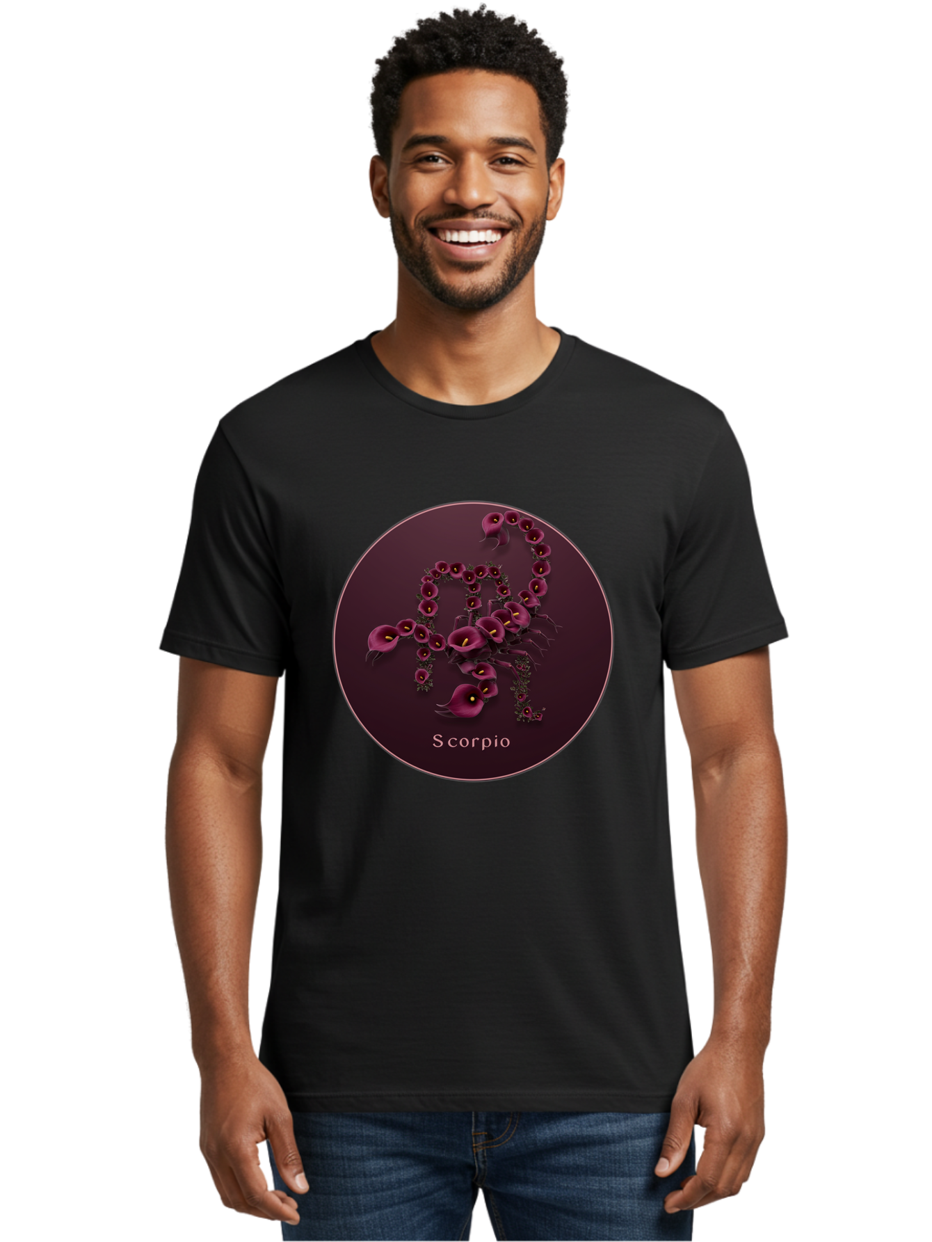 Scorpio Men'S Graphic Tee, 100% Cotton, Comfortable Casual Summer Wear, Machine Washable, Scorpion Symbol, Calla Lily Flowers, Floral Arrangement, Dark Pink Blooms, Astrology Sign, Zodiac Symbol, Scorpio, Mysterious Design, Elegant Flowers Bae268 29
