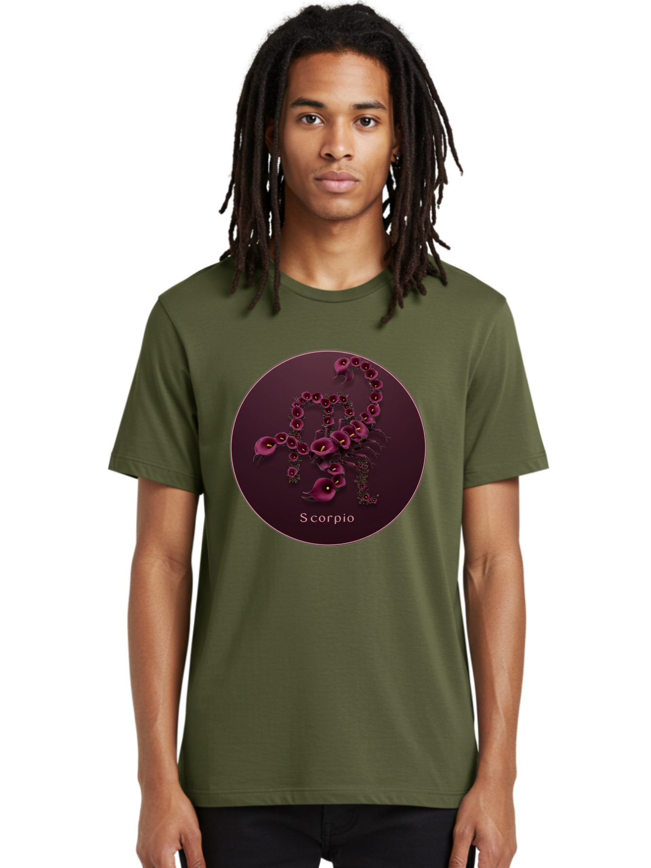 Scorpio Men'S Graphic Tee, 100% Cotton, Comfortable Casual Summer Wear, Machine Washable, Scorpion Symbol, Calla Lily Flowers, Floral Arrangement, Dark Pink Blooms, Astrology Sign, Zodiac Symbol, Scorpio, Mysterious Design, Elegant Flowers Bae268 25