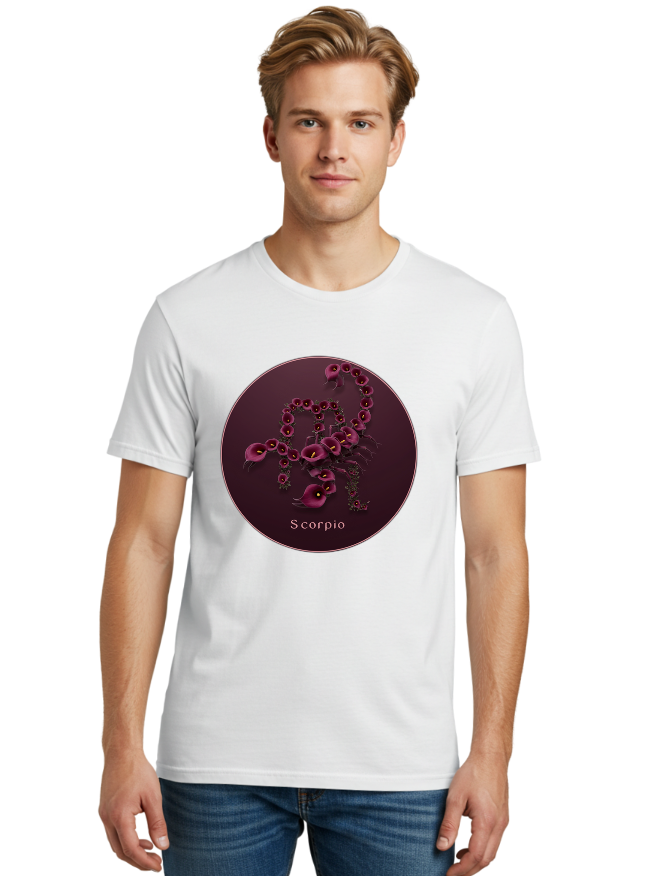 Scorpio Men'S Graphic Tee, 100% Cotton, Comfortable Casual Summer Wear, Machine Washable, Scorpion Symbol, Calla Lily Flowers, Floral Arrangement, Dark Pink Blooms, Astrology Sign, Zodiac Symbol, Scorpio, Mysterious Design, Elegant Flowers Bae268 21