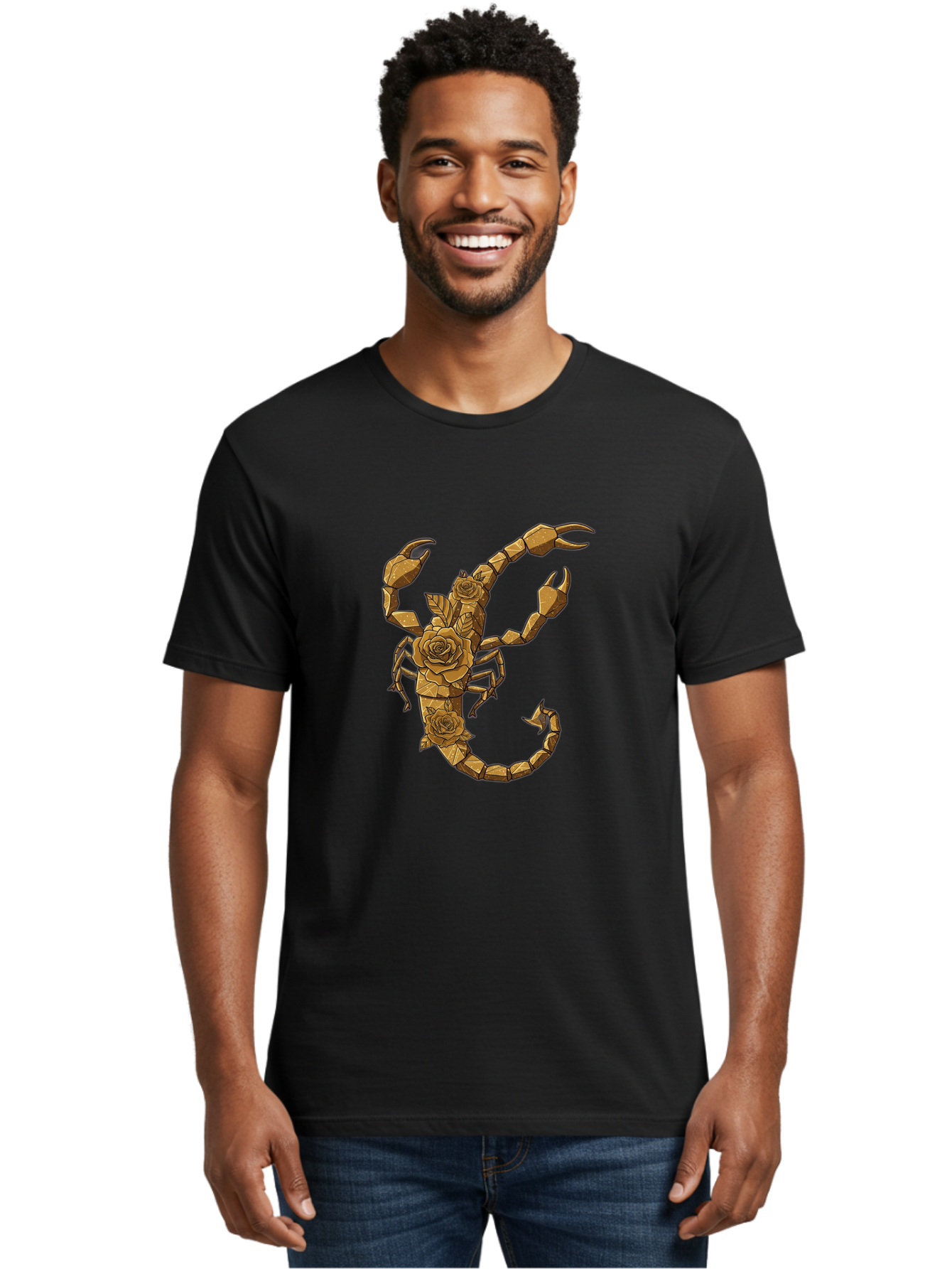 Scorpion-With-Roses Men'S Graphic Tee, 100% Cotton, Comfortable Casual Summer Wear, Machine Washable, Geometric Gold Scorpion, Roses On Body, Gold Roses And Scorpion Fusion, Intricate Design, Low Poly Art, Animal And Flower Art, Bae269 23