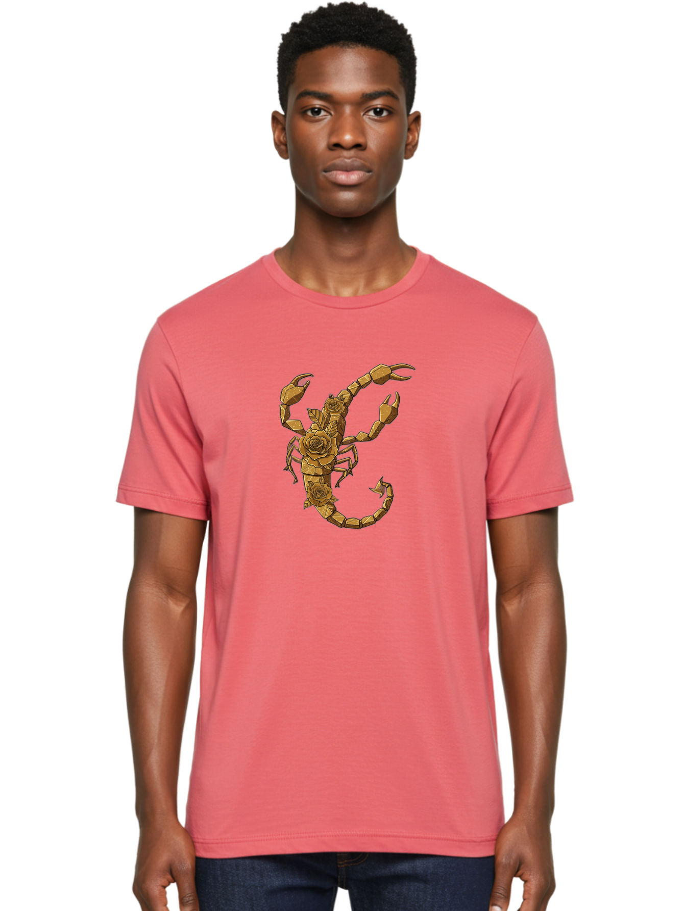 Scorpion-With-Roses Men'S Graphic Tee, 100% Cotton, Comfortable Casual Summer Wear, Machine Washable, Geometric Gold Scorpion, Roses On Body, Gold Roses And Scorpion Fusion, Intricate Design, Low Poly Art, Animal And Flower Art, Bae269 30