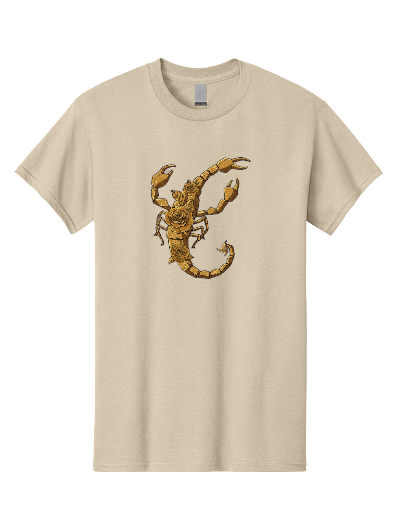 Scorpion-With-Roses Men'S Graphic Tee, 100% Cotton, Comfortable Casual Summer Wear, Machine Washable, Geometric Gold Scorpion, Roses On Body, Gold Roses And Scorpion Fusion, Intricate Design, Low Poly Art, Animal And Flower Art, Bae269 12