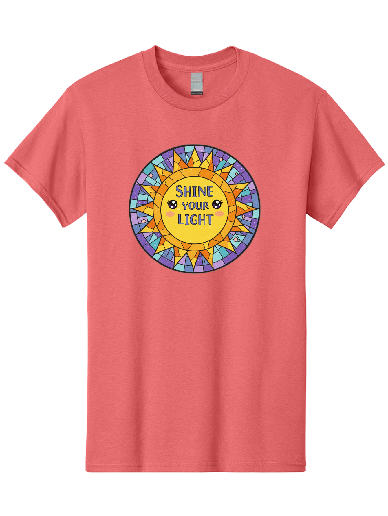 Shine-Your-Light-1 Men'S Graphic Tee, 100% Cotton, Comfortable Casual Summer Wear, Machine Washable, Stained Glass Sun, Inspirational Quote, Motivational Message, Cartoon Sun, Shine Your Light, Positivity, Encouragement, Colorful Graphic, Bae271 15
