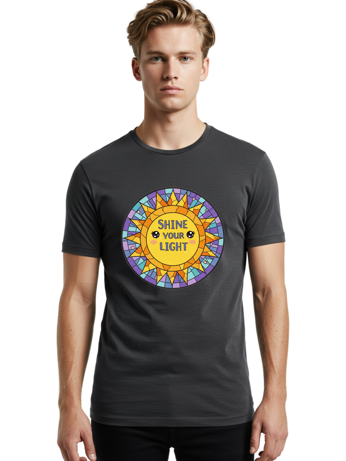 Shine-Your-Light-1 Men'S Graphic Tee, 100% Cotton, Comfortable Casual Summer Wear, Machine Washable, Stained Glass Sun, Inspirational Quote, Motivational Message, Cartoon Sun, Shine Your Light, Positivity, Encouragement, Colorful Graphic, Bae271 26