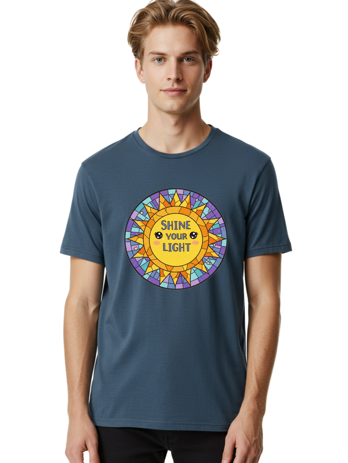 Shine-Your-Light-1 Men'S Graphic Tee, 100% Cotton, Comfortable Casual Summer Wear, Machine Washable, Stained Glass Sun, Inspirational Quote, Motivational Message, Cartoon Sun, Shine Your Light, Positivity, Encouragement, Colorful Graphic, Bae271 27