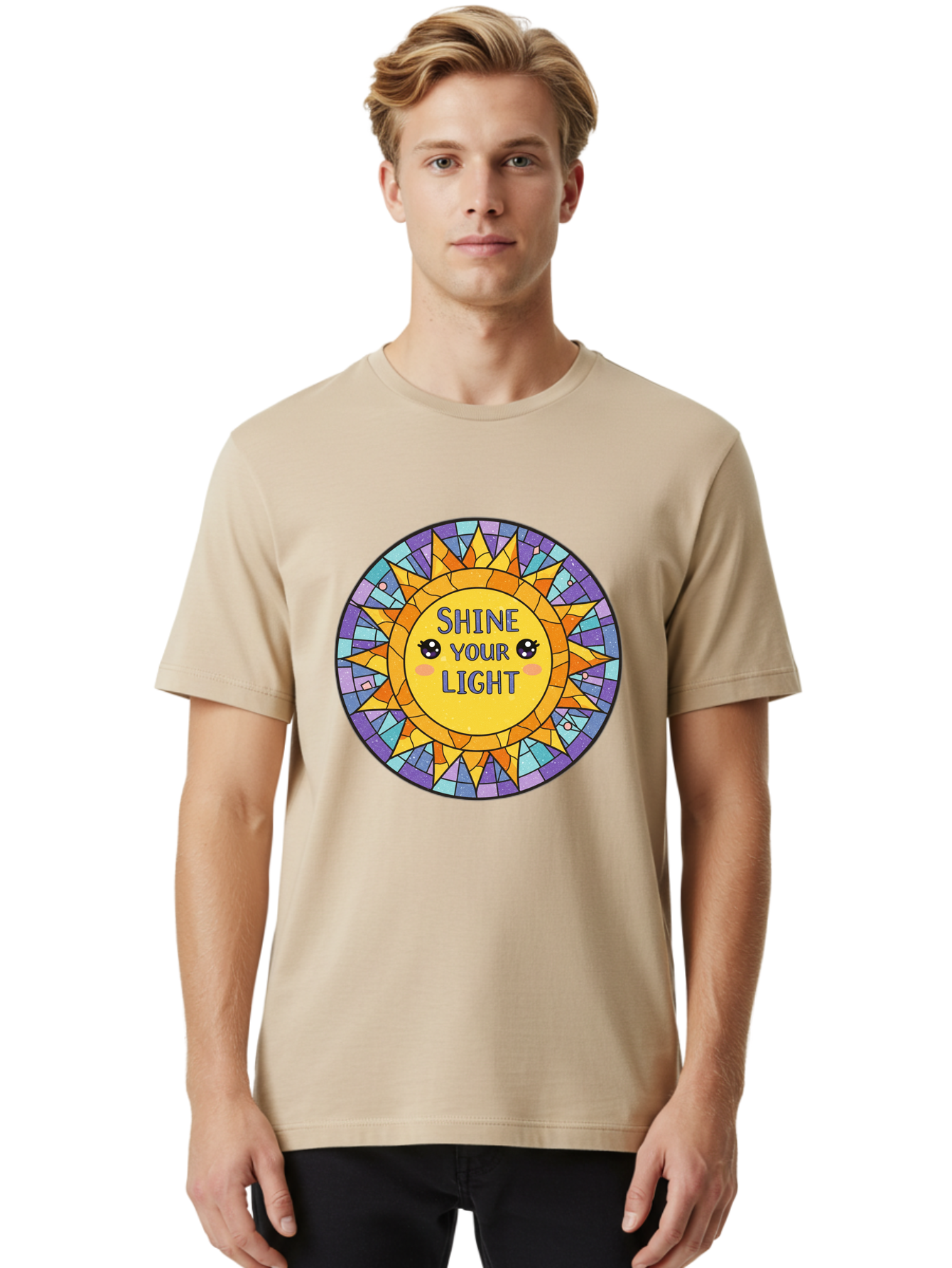 Shine-Your-Light-1 Men'S Graphic Tee, 100% Cotton, Comfortable Casual Summer Wear, Machine Washable, Stained Glass Sun, Inspirational Quote, Motivational Message, Cartoon Sun, Shine Your Light, Positivity, Encouragement, Colorful Graphic, Bae271 24