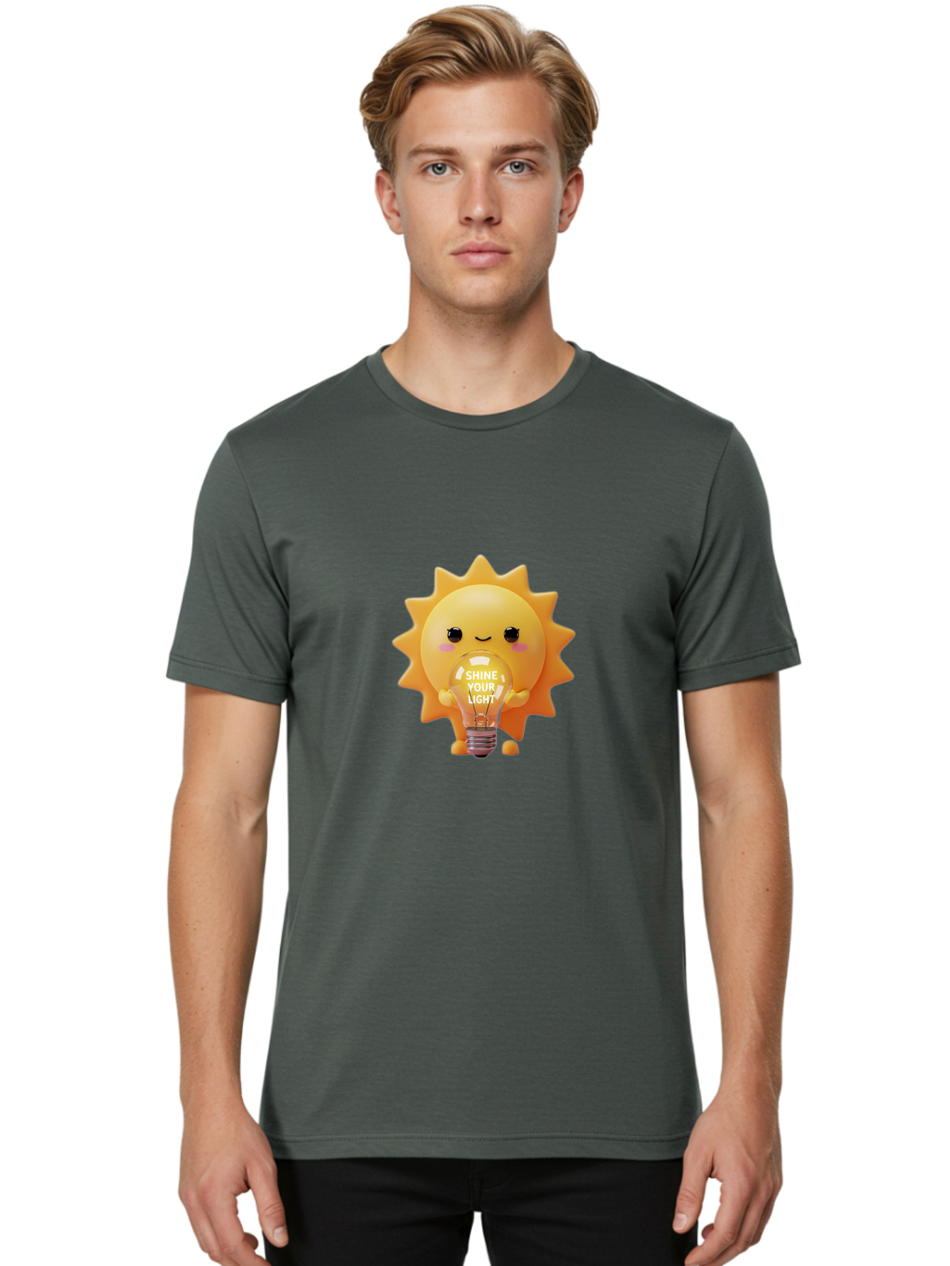 Shine-Your-Light-2 Men'S Graphic Tee, 100% Cotton, Comfortable Casual Summer Wear, Machine Washable, Smiling Sun Character, Holding Lightbulb, Positive Affirmation, Inspirational Quote, Cute Cartoon Design, Shine Your Light, Creative Idea, Bae272 23