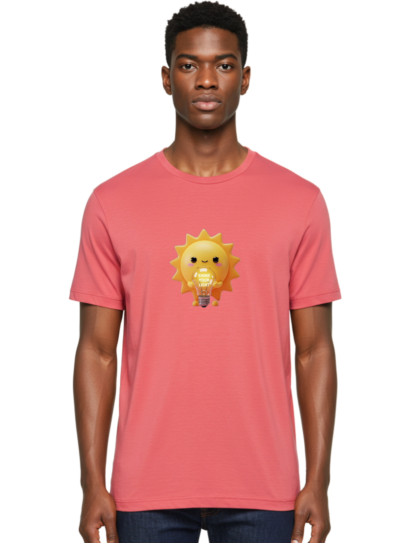 Shine-Your-Light-2 Men'S Graphic Tee, 100% Cotton, Comfortable Casual Summer Wear, Machine Washable, Smiling Sun Character, Holding Lightbulb, Positive Affirmation, Inspirational Quote, Cute Cartoon Design, Shine Your Light, Creative Idea, Bae272 26