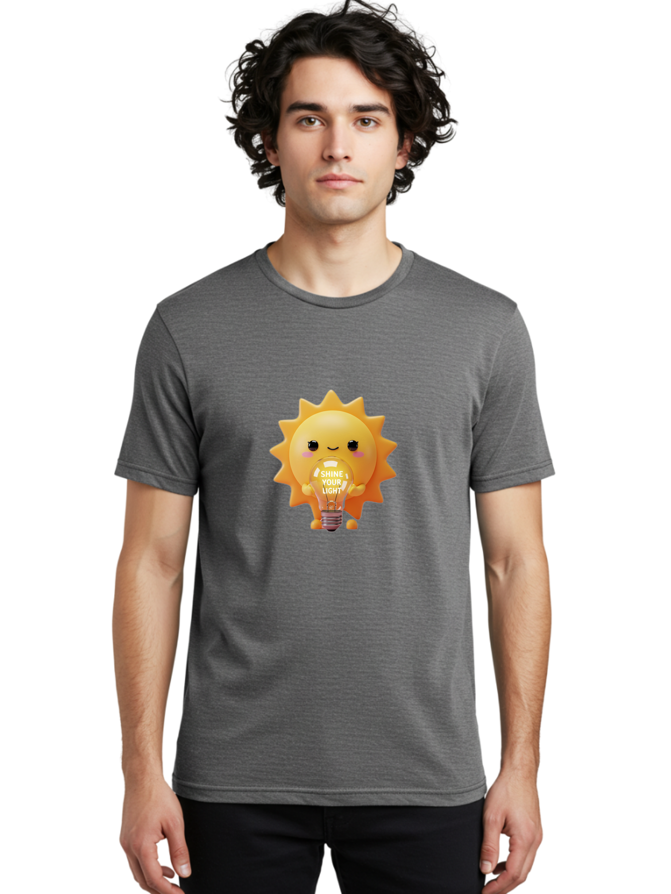 Shine-Your-Light-2 Men'S Graphic Tee, 100% Cotton, Comfortable Casual Summer Wear, Machine Washable, Smiling Sun Character, Holding Lightbulb, Positive Affirmation, Inspirational Quote, Cute Cartoon Design, Shine Your Light, Creative Idea, Bae272 29