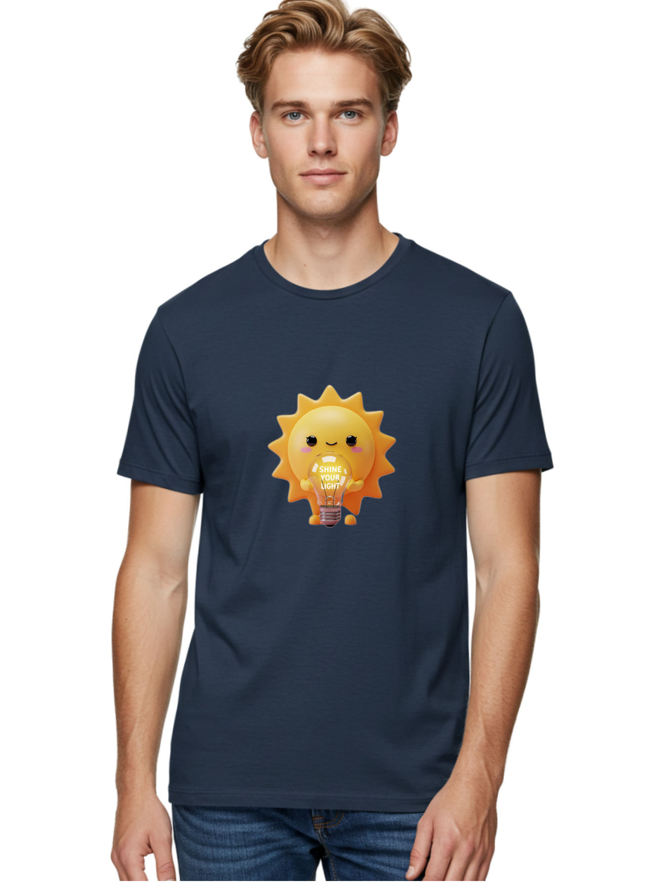Shine-Your-Light-2 Men'S Graphic Tee, 100% Cotton, Comfortable Casual Summer Wear, Machine Washable, Smiling Sun Character, Holding Lightbulb, Positive Affirmation, Inspirational Quote, Cute Cartoon Design, Shine Your Light, Creative Idea, Bae272 28