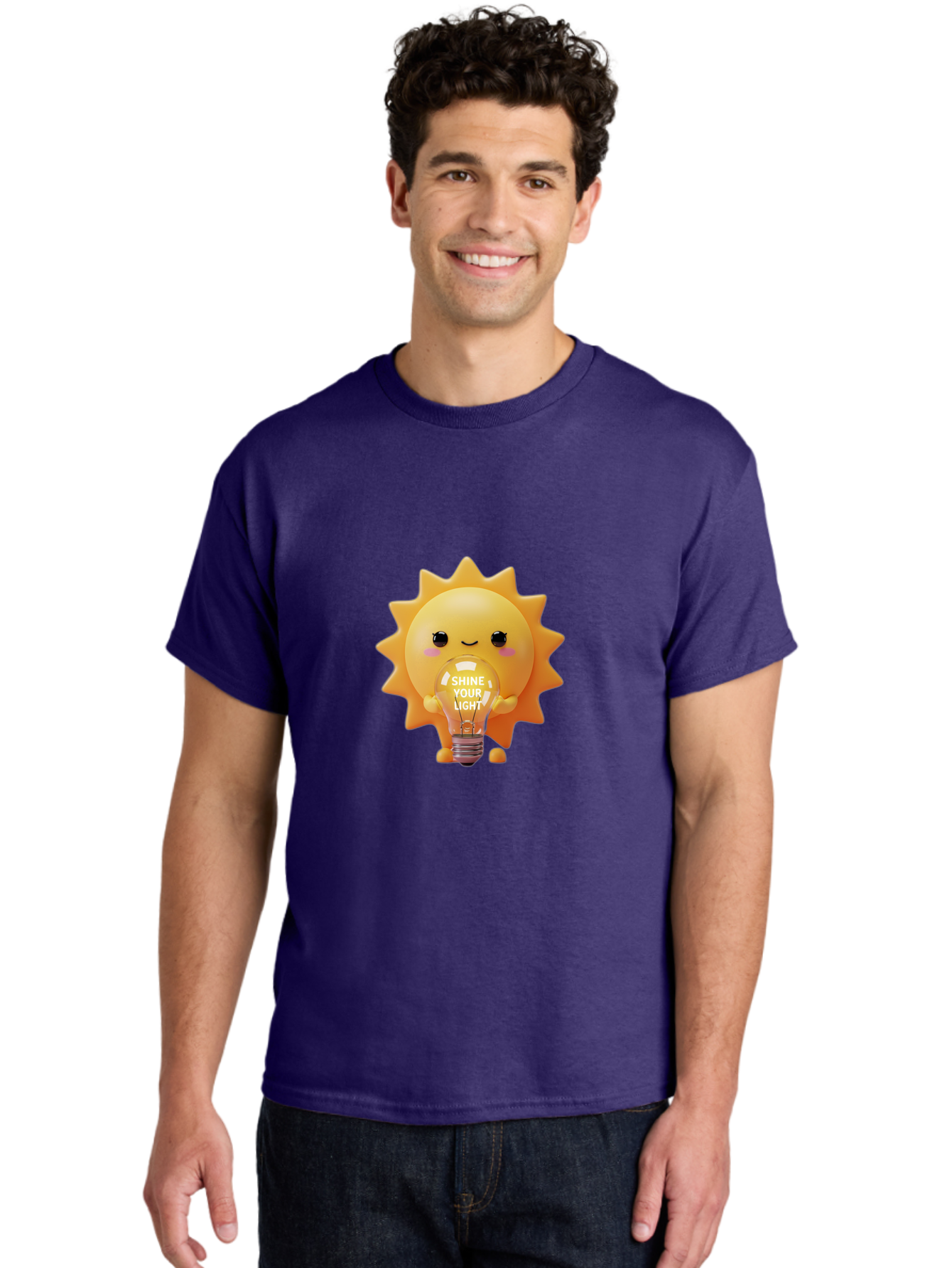 Shine-Your-Light-2 Men'S Graphic Tee, 100% Cotton, Comfortable Casual Summer Wear, Machine Washable, Smiling Sun Character, Holding Lightbulb, Positive Affirmation, Inspirational Quote, Cute Cartoon Design, Shine Your Light, Creative Idea, Bae272 17