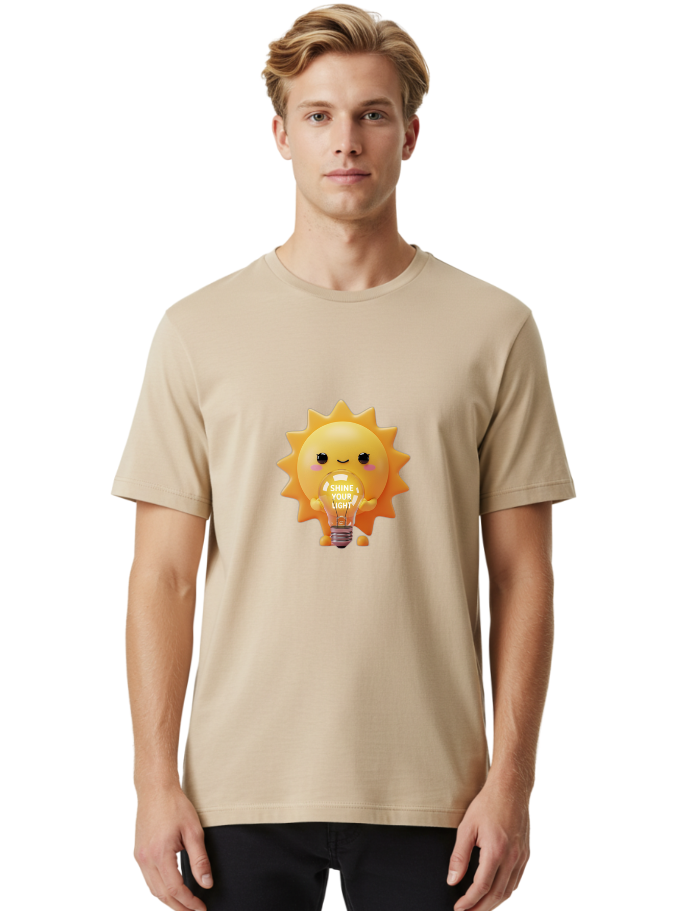 Shine-Your-Light-2 Men'S Graphic Tee, 100% Cotton, Comfortable Casual Summer Wear, Machine Washable, Smiling Sun Character, Holding Lightbulb, Positive Affirmation, Inspirational Quote, Cute Cartoon Design, Shine Your Light, Creative Idea, Bae272 19