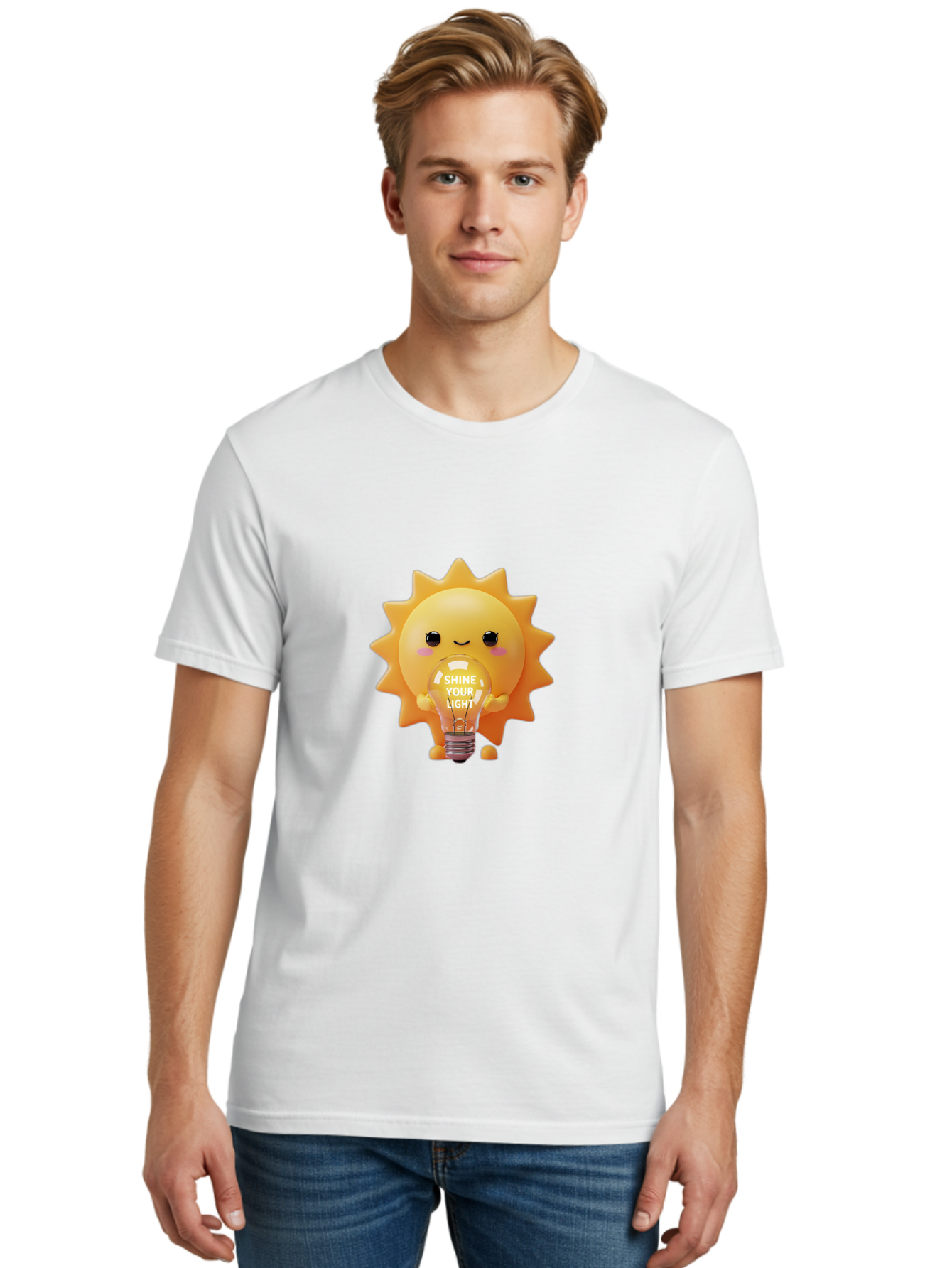 Shine-Your-Light-2 Men'S Graphic Tee, 100% Cotton, Comfortable Casual Summer Wear, Machine Washable, Smiling Sun Character, Holding Lightbulb, Positive Affirmation, Inspirational Quote, Cute Cartoon Design, Shine Your Light, Creative Idea, Bae272 21