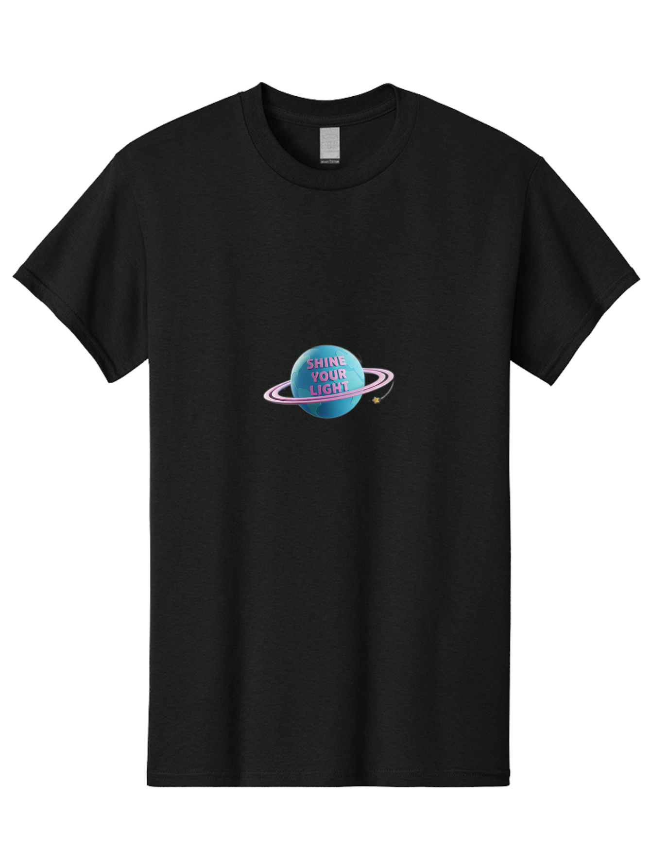 Shine-Your-Light-3 Men'S Graphic Tee, 100% Cotton, Comfortable Casual Summer Wear, Machine Washable, Blue Planet, Pink Ring, Shiny, Motivational Quote, Inspiring Words, Neon Light, Space Scene, Celestial Body, Shine Your Light Bae273 2