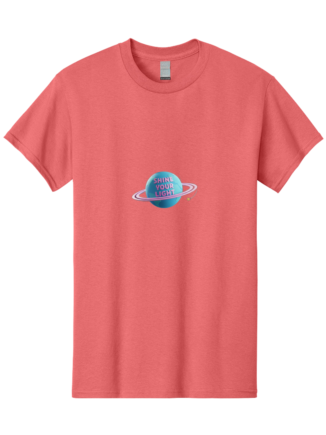 Shine-Your-Light-3 Men'S Graphic Tee, 100% Cotton, Comfortable Casual Summer Wear, Machine Washable, Blue Planet, Pink Ring, Shiny, Motivational Quote, Inspiring Words, Neon Light, Space Scene, Celestial Body, Shine Your Light Bae273 12