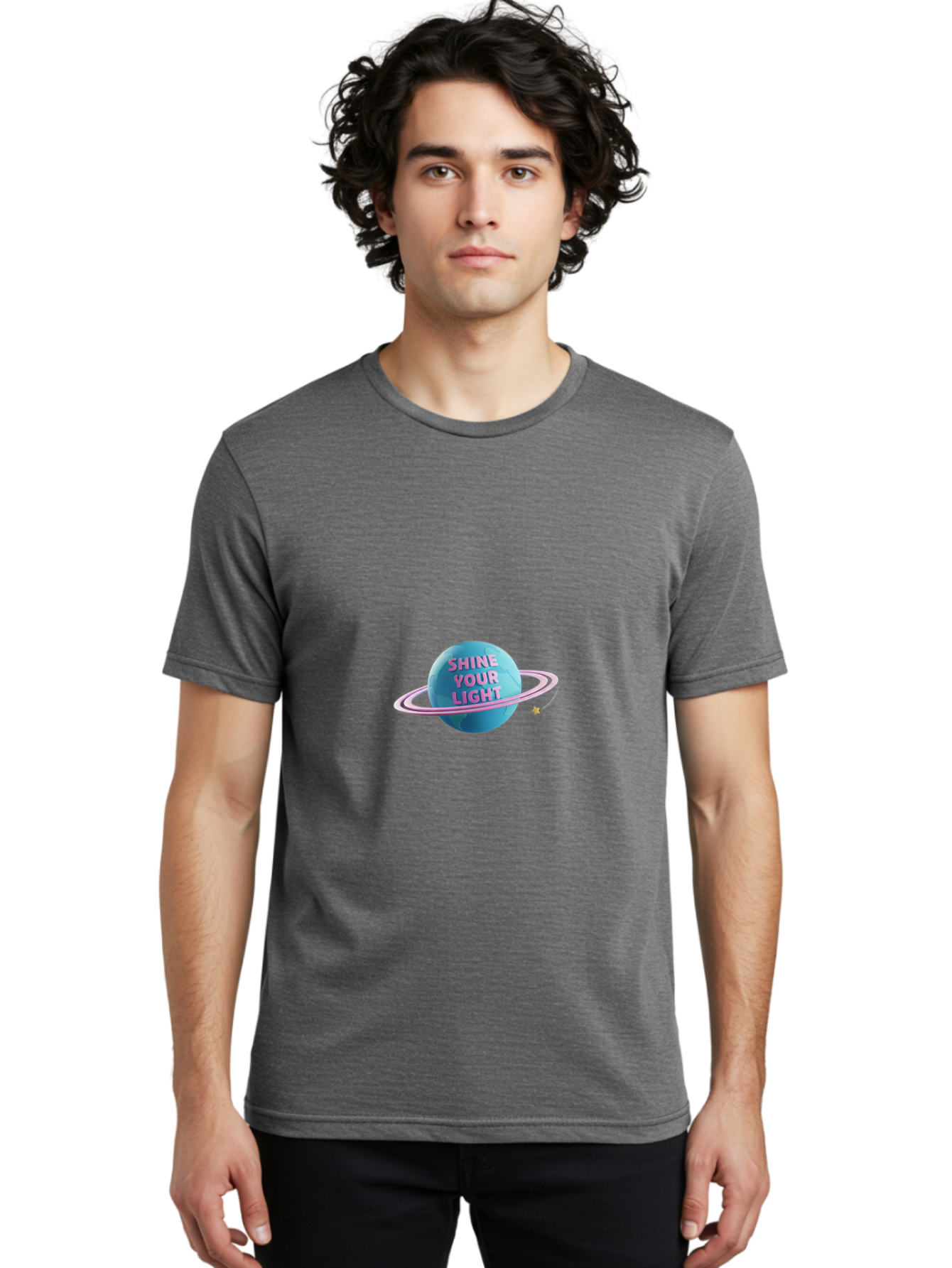 Shine-Your-Light-3 Men'S Graphic Tee, 100% Cotton, Comfortable Casual Summer Wear, Machine Washable, Blue Planet, Pink Ring, Shiny, Motivational Quote, Inspiring Words, Neon Light, Space Scene, Celestial Body, Shine Your Light Bae273 16
