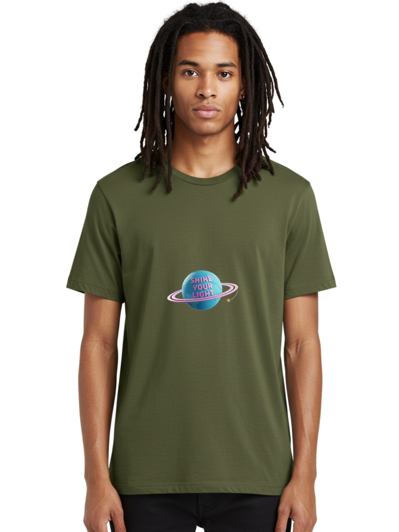 Shine-Your-Light-3 Men'S Graphic Tee, 100% Cotton, Comfortable Casual Summer Wear, Machine Washable, Blue Planet, Pink Ring, Shiny, Motivational Quote, Inspiring Words, Neon Light, Space Scene, Celestial Body, Shine Your Light Bae273 29