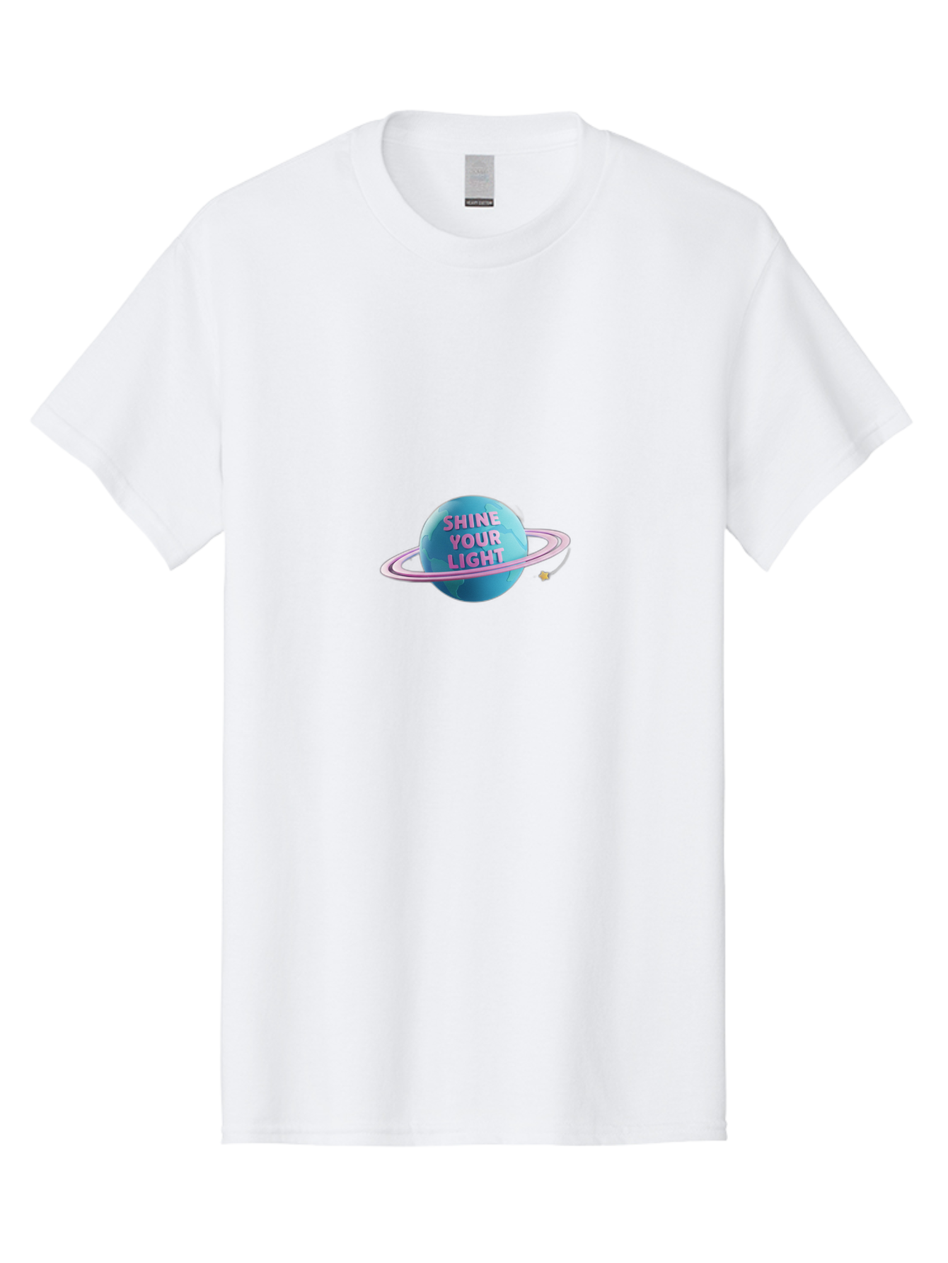 Shine-Your-Light-3 Men'S Graphic Tee, 100% Cotton, Comfortable Casual Summer Wear, Machine Washable, Blue Planet, Pink Ring, Shiny, Motivational Quote, Inspiring Words, Neon Light, Space Scene, Celestial Body, Shine Your Light Bae273 5