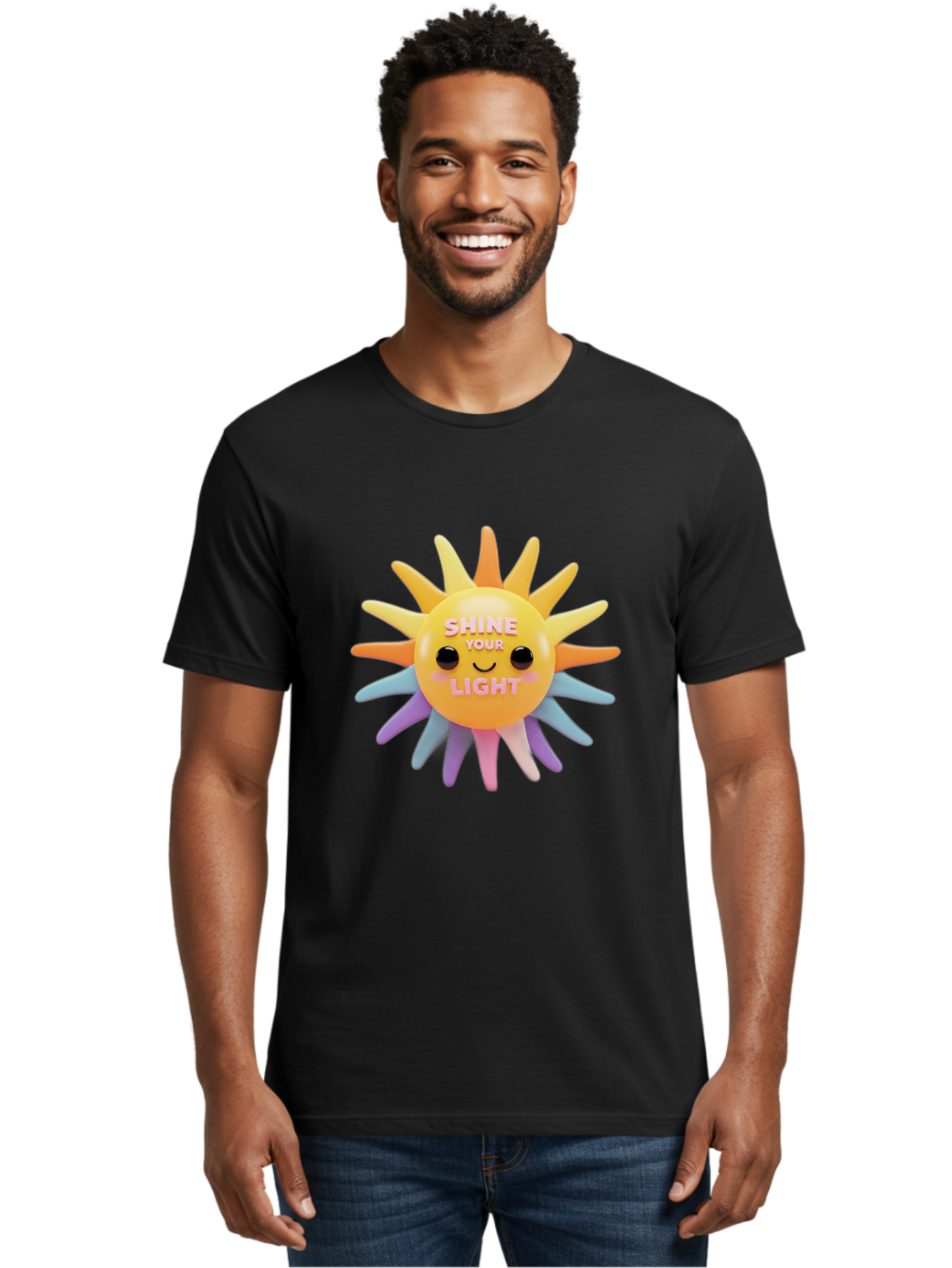 Shine-Your-Light Men'S Graphic Tee, 100% Cotton, Comfortable Casual Summer Wear, Machine Washable, Smiling Sun, Inspirational Quote, Multicolored Rays, Pink Text, Motivational Message, Happy Face, Pastel Colors, Positive Vibes Bae275 25
