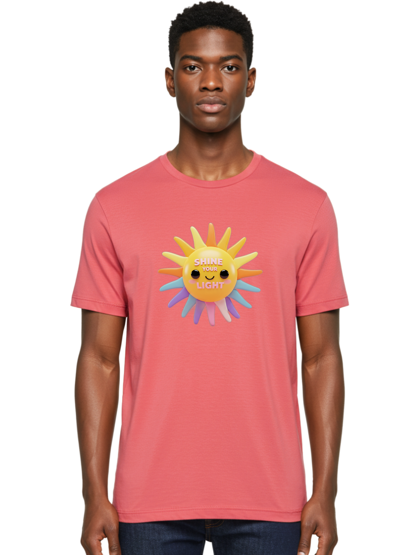 Shine-Your-Light Men'S Graphic Tee, 100% Cotton, Comfortable Casual Summer Wear, Machine Washable, Smiling Sun, Inspirational Quote, Multicolored Rays, Pink Text, Motivational Message, Happy Face, Pastel Colors, Positive Vibes Bae275 28