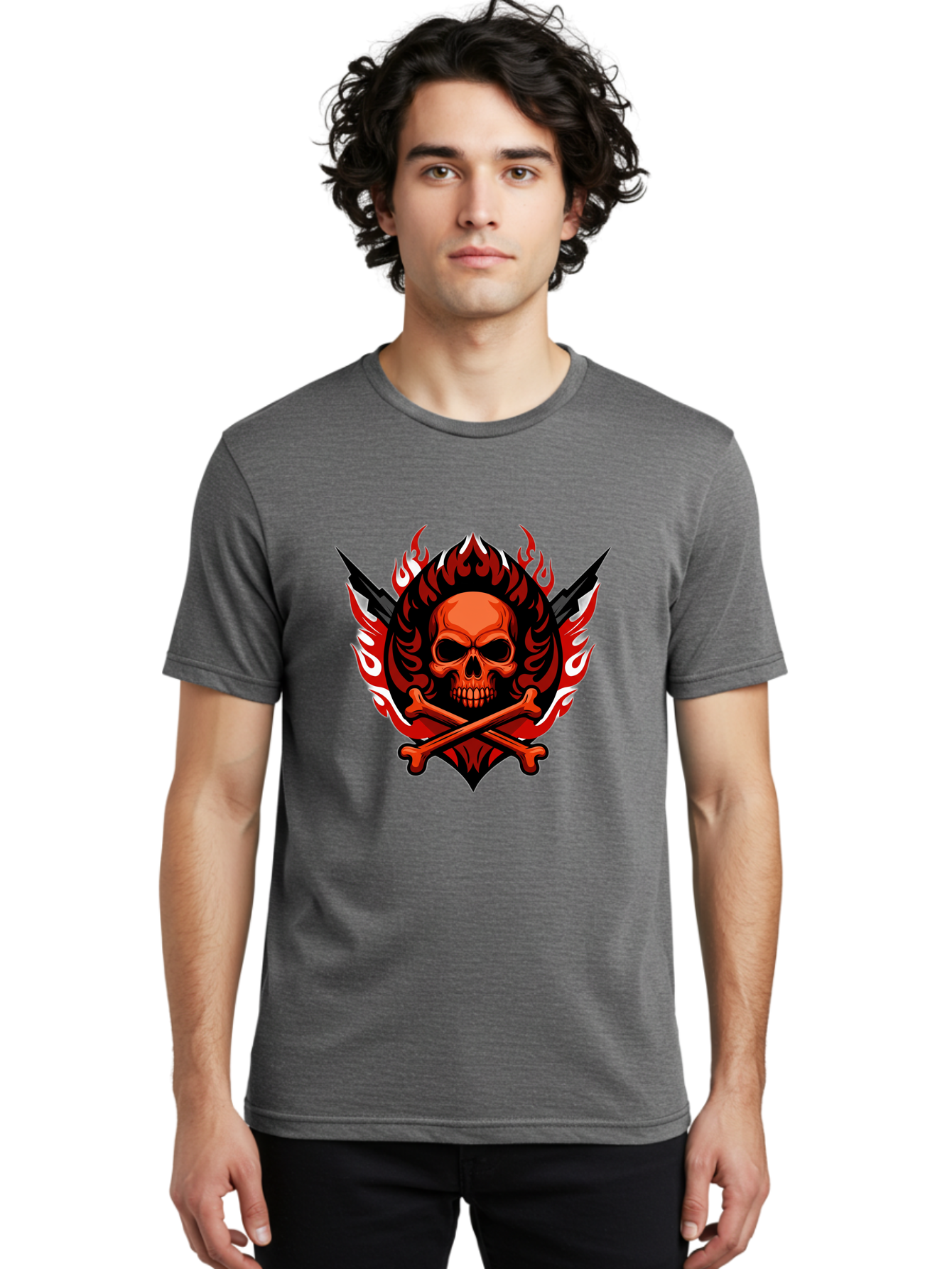 Skull-And-Crossbones-Jolly-Roger Men'S Graphic Tee, 100% Cotton, Comfortable Casual Summer Wear, Machine Washable, Skull And Crossbones, Fiery Design, Daggers, Skull Art, Crossbones Symbol, Bold Graphics, Edgy Style, Gothic Elements Bae277 28
