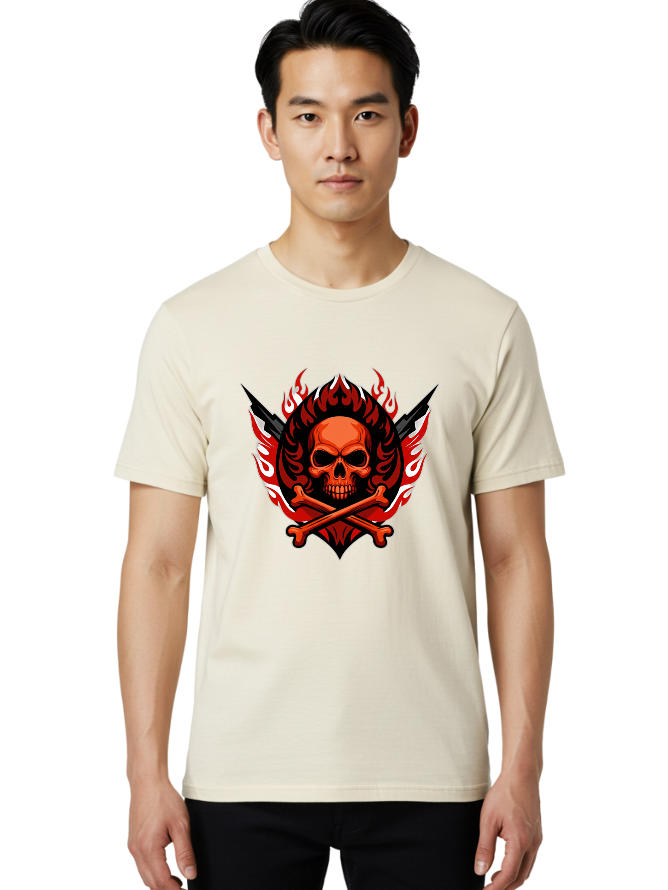 Skull-And-Crossbones-Jolly-Roger Men'S Graphic Tee, 100% Cotton, Comfortable Casual Summer Wear, Machine Washable, Skull And Crossbones, Fiery Design, Daggers, Skull Art, Crossbones Symbol, Bold Graphics, Edgy Style, Gothic Elements Bae277 17
