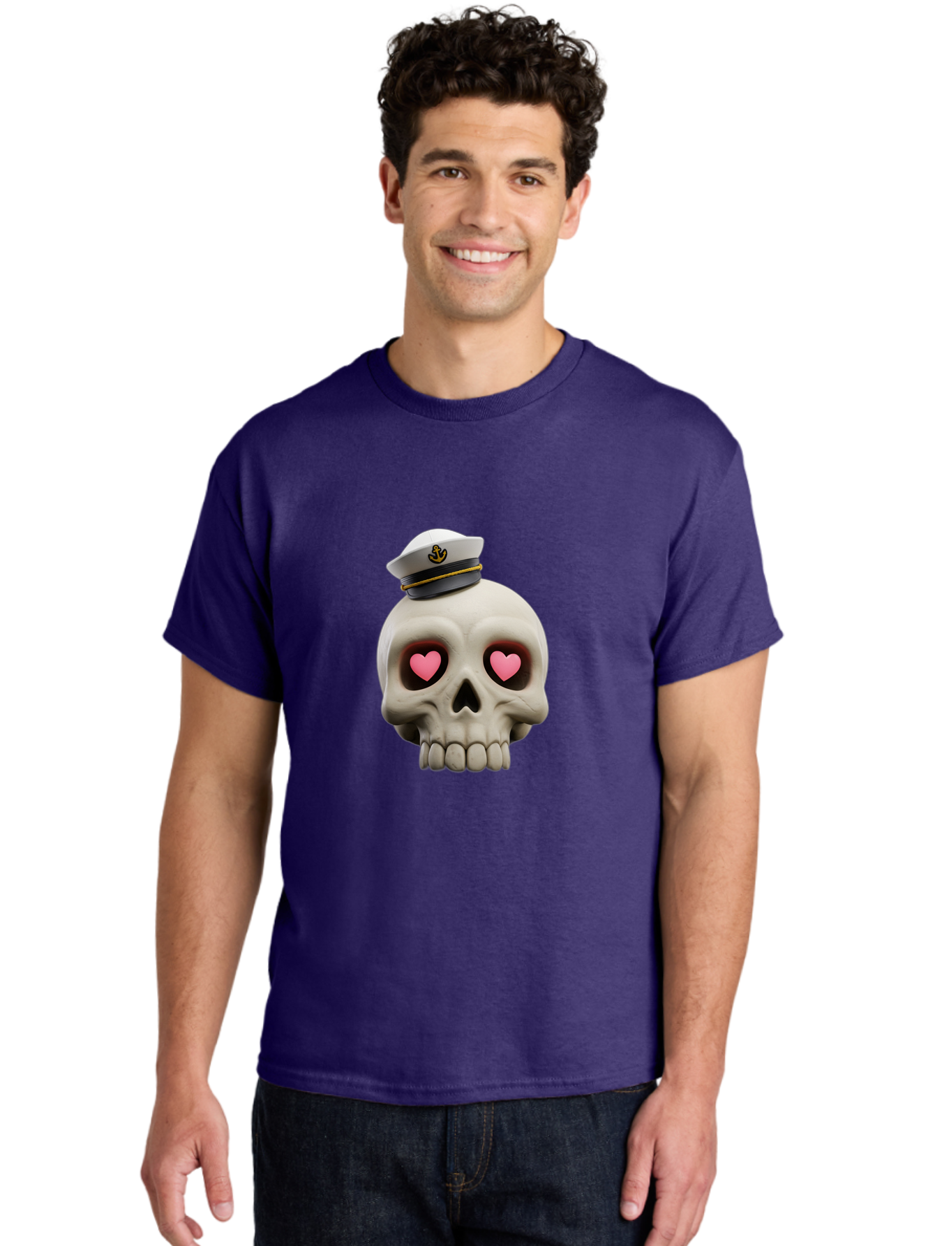 Skull-With-Captain-Hat Men'S Graphic Tee, 100% Cotton, Comfortable Casual Summer Wear, Machine Washable, Skull With Captain Hat, Heart Eyes, Nautical Theme, Halloween, Sugar Skull, Love, Pirate, Skull Art, Gothic, Skull Design Bae279 25