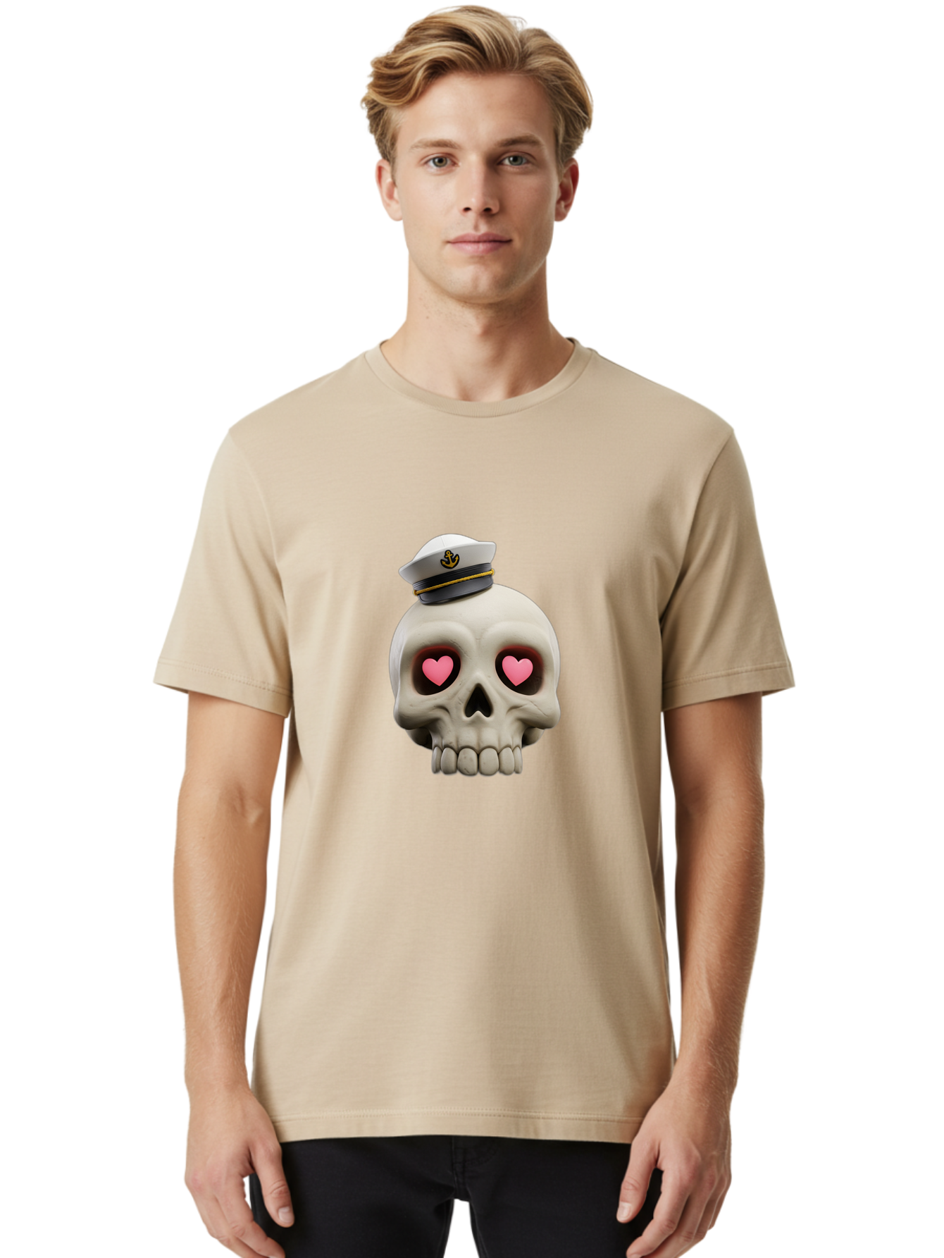 Skull-With-Captain-Hat Men'S Graphic Tee, 100% Cotton, Comfortable Casual Summer Wear, Machine Washable, Skull With Captain Hat, Heart Eyes, Nautical Theme, Halloween, Sugar Skull, Love, Pirate, Skull Art, Gothic, Skull Design Bae279 18