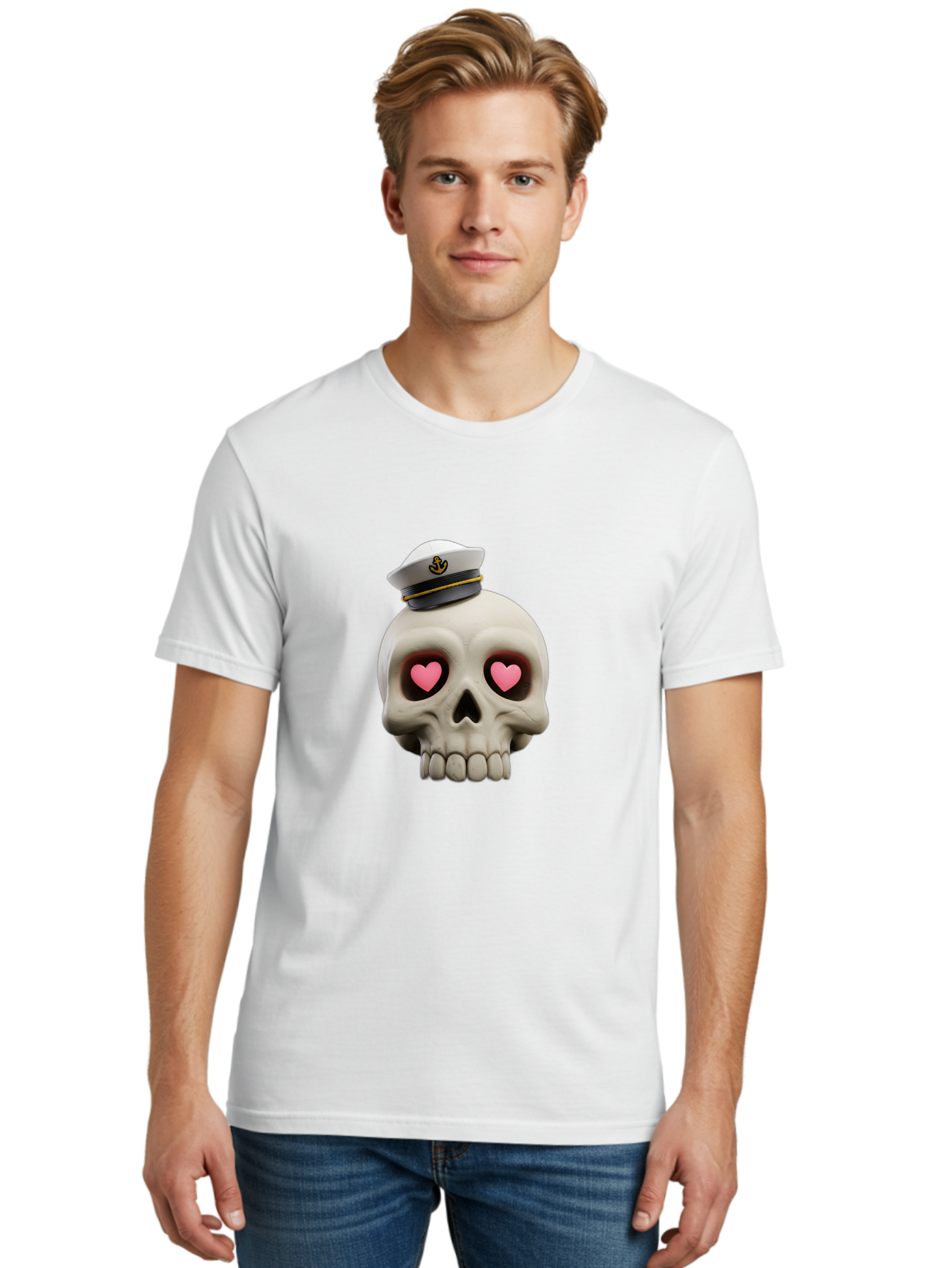 Skull-With-Captain-Hat Men'S Graphic Tee, 100% Cotton, Comfortable Casual Summer Wear, Machine Washable, Skull With Captain Hat, Heart Eyes, Nautical Theme, Halloween, Sugar Skull, Love, Pirate, Skull Art, Gothic, Skull Design Bae279 17