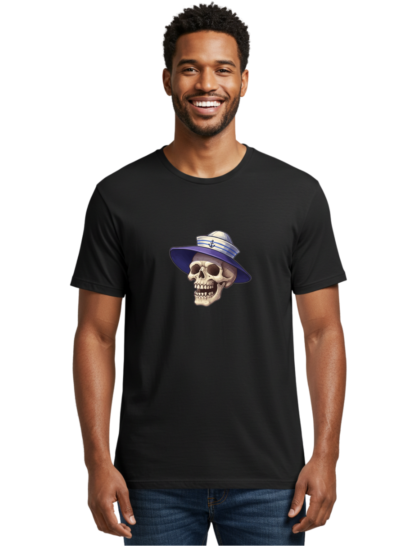 Skull-With-Sun-Hat Men'S Graphic Tee, 100% Cotton, Comfortable Casual Summer Wear, Machine Washable, Skull Wearing Sailor Hat, Anchor Emblem, Nautical Theme, Cartoon Style, Human Skull, Sailor Hat With Blue Stripes Bae282 23