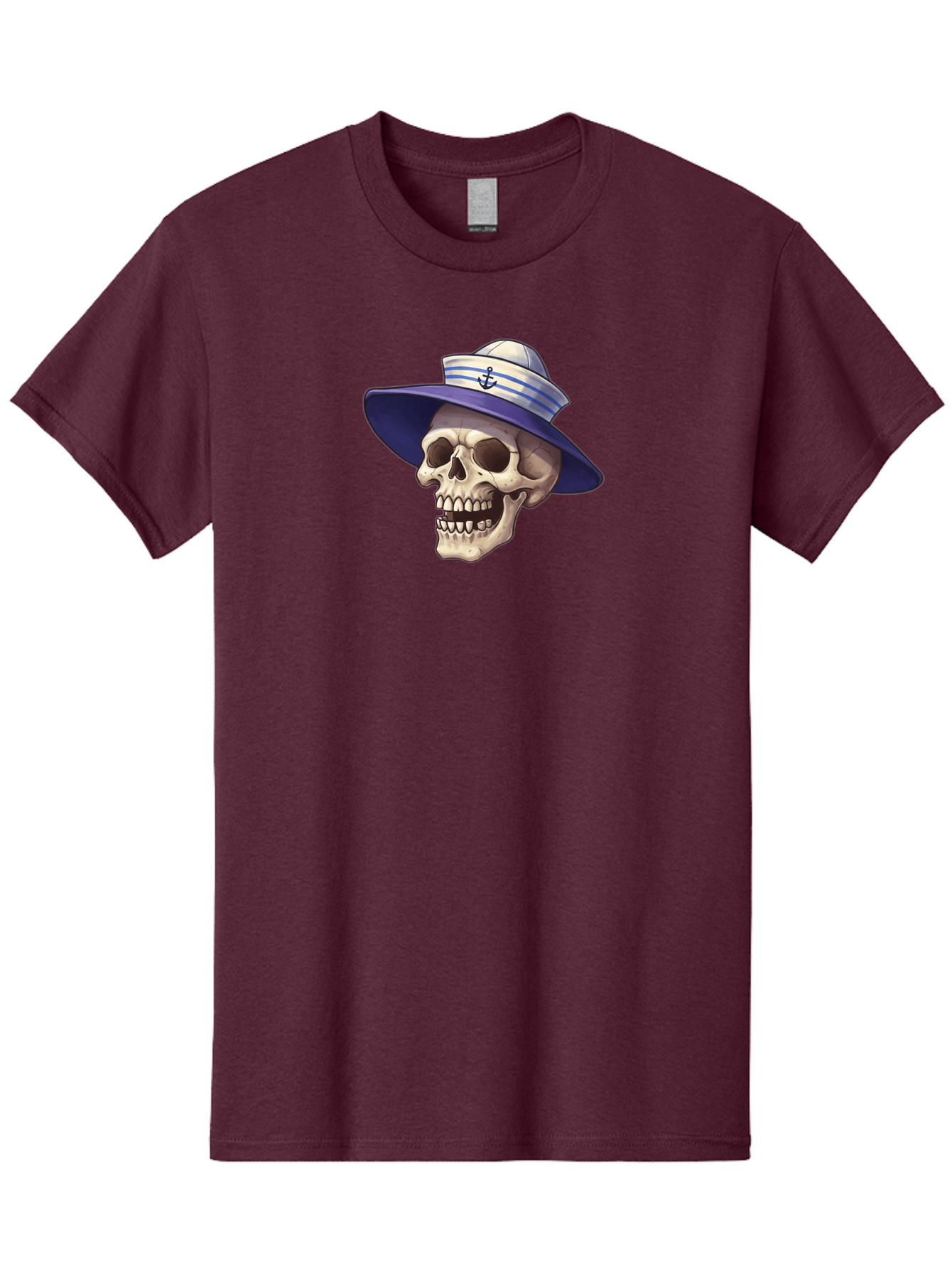 Skull-With-Sun-Hat Men'S Graphic Tee, 100% Cotton, Comfortable Casual Summer Wear, Machine Washable, Skull Wearing Sailor Hat, Anchor Emblem, Nautical Theme, Cartoon Style, Human Skull, Sailor Hat With Blue Stripes Bae282 1