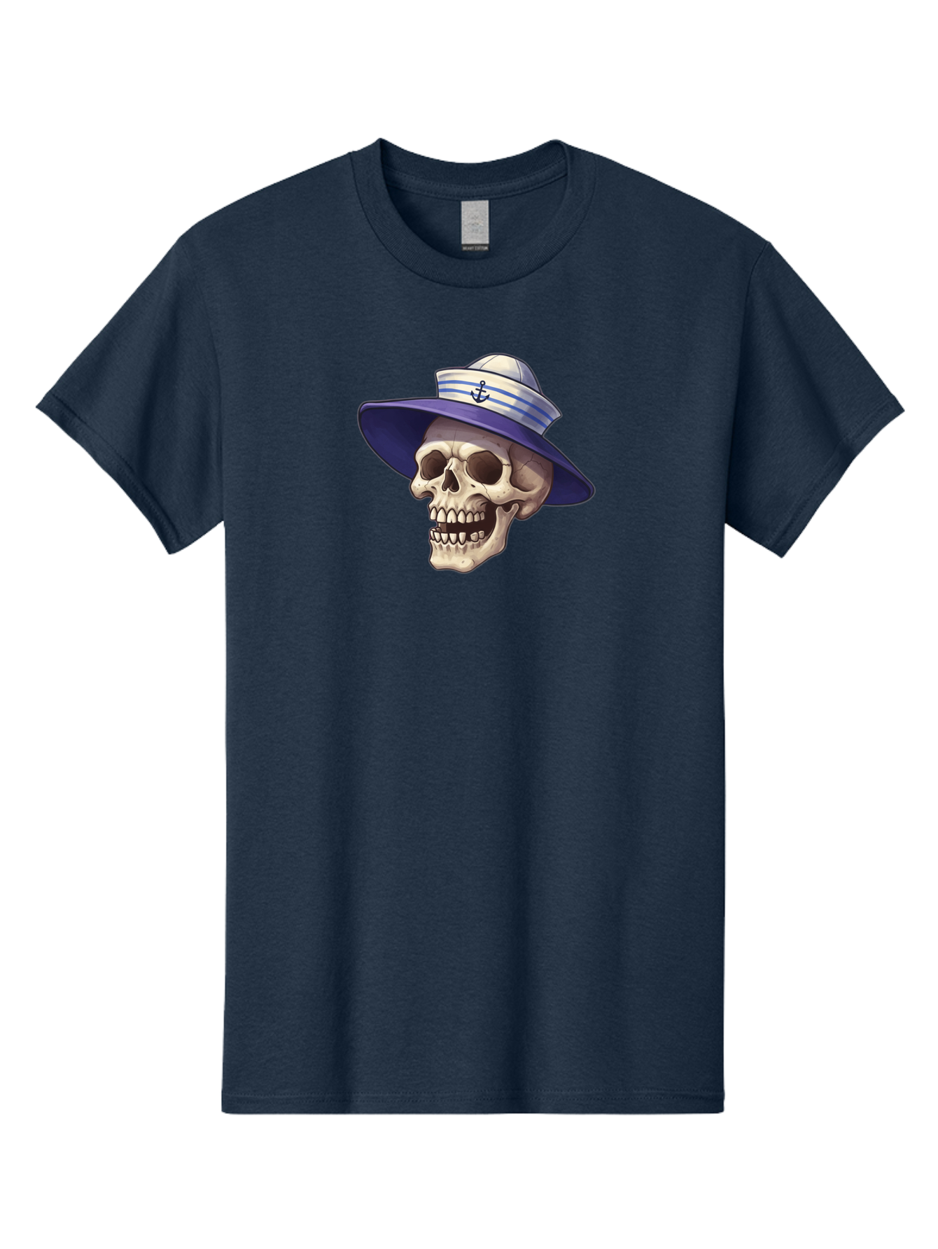 Skull-With-Sun-Hat Men'S Graphic Tee, 100% Cotton, Comfortable Casual Summer Wear, Machine Washable, Skull Wearing Sailor Hat, Anchor Emblem, Nautical Theme, Cartoon Style, Human Skull, Sailor Hat With Blue Stripes Bae282 5
