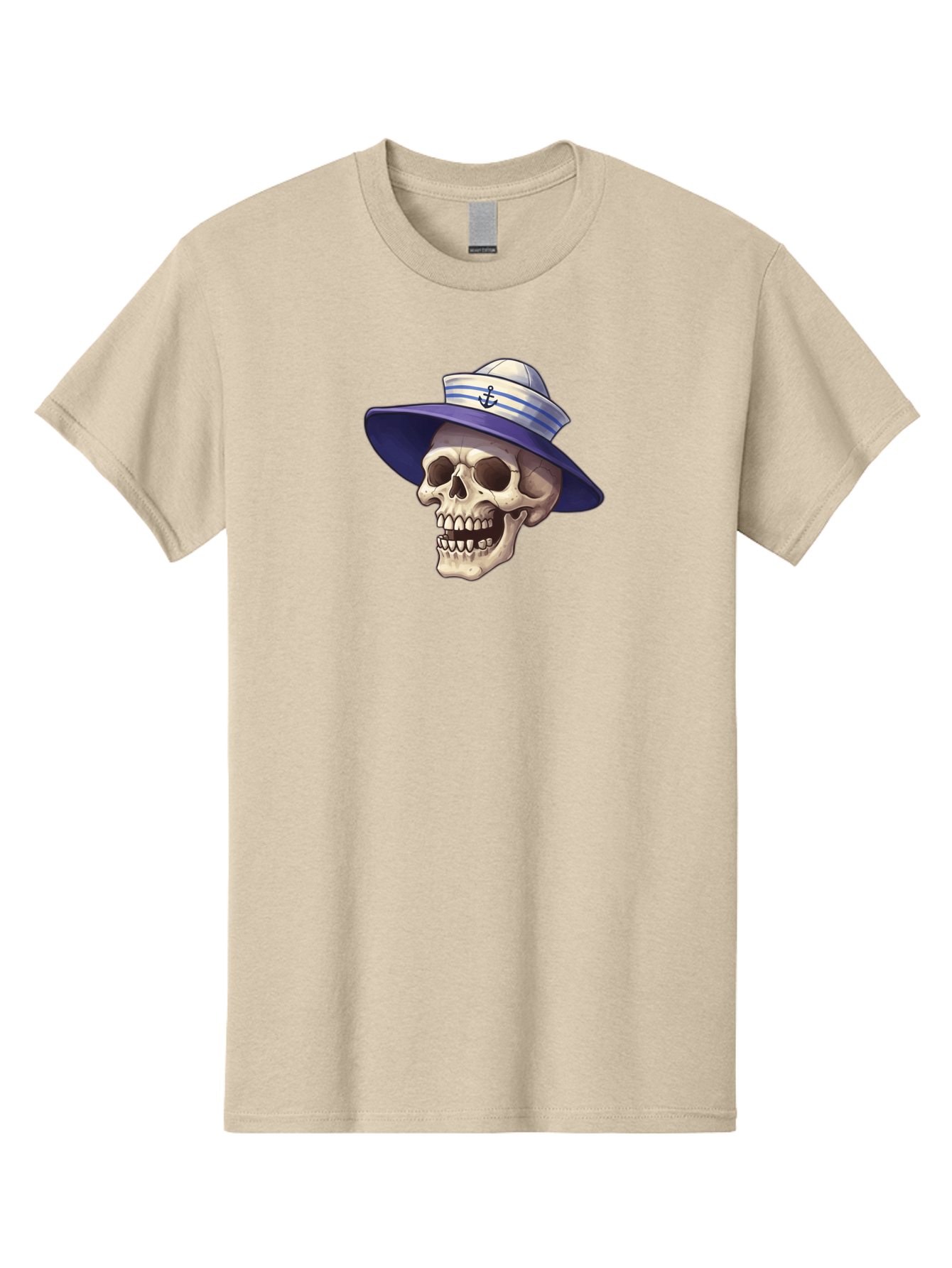 Skull-With-Sun-Hat Men'S Graphic Tee, 100% Cotton, Comfortable Casual Summer Wear, Machine Washable, Skull Wearing Sailor Hat, Anchor Emblem, Nautical Theme, Cartoon Style, Human Skull, Sailor Hat With Blue Stripes Bae282 13