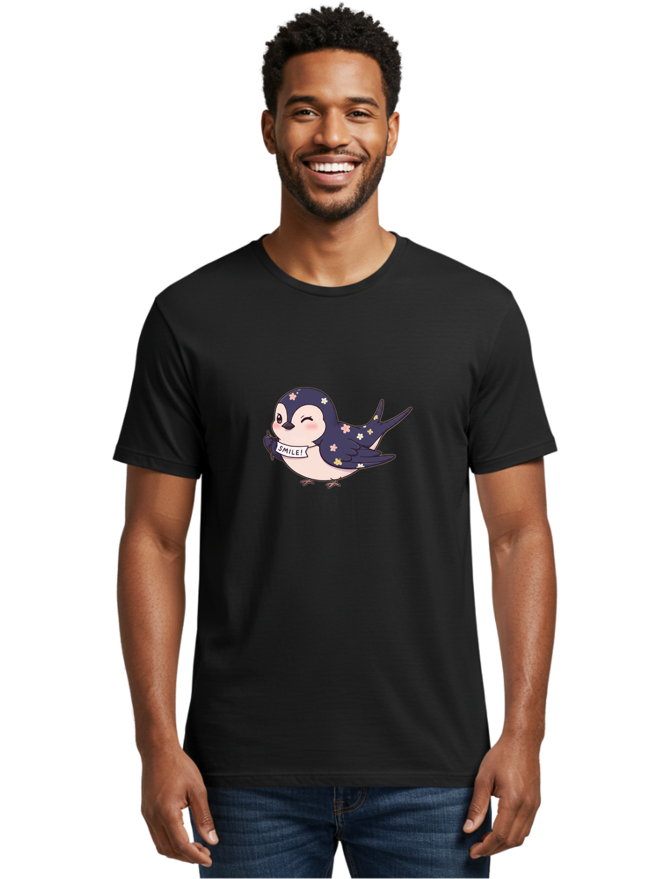 Smile-Bird Men'S Graphic Tee, 100% Cotton, Comfortable Casual Summer Wear, Machine Washable, Cute Cartoon Bird, Smiling Bird, Floral Pattern, Happy Vibes, Positivity, Cartoon Character, Kawaii Art, Adorable Illustration, Cheerful Design, Bae283 18