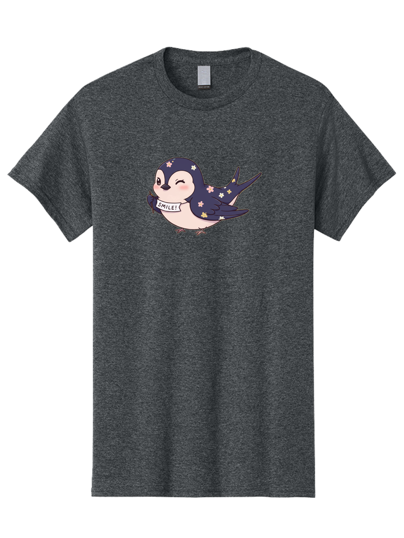 Smile-Bird Men'S Graphic Tee, 100% Cotton, Comfortable Casual Summer Wear, Machine Washable, Cute Cartoon Bird, Smiling Bird, Floral Pattern, Happy Vibes, Positivity, Cartoon Character, Kawaii Art, Adorable Illustration, Cheerful Design, Bae283 2