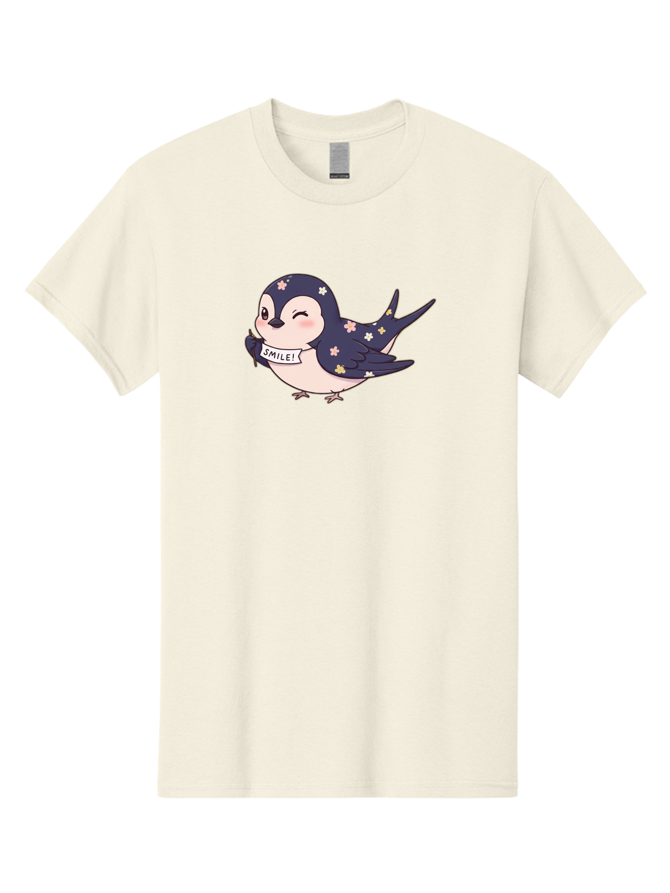Smile-Bird Men'S Graphic Tee, 100% Cotton, Comfortable Casual Summer Wear, Machine Washable, Cute Cartoon Bird, Smiling Bird, Floral Pattern, Happy Vibes, Positivity, Cartoon Character, Kawaii Art, Adorable Illustration, Cheerful Design, Bae283 9