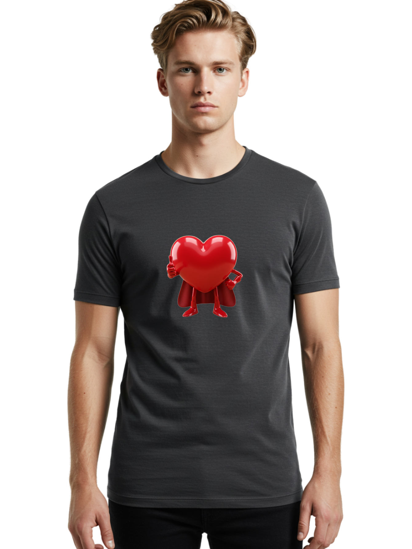 Super-Heart Men'S Graphic Tee, 100% Cotton, Comfortable Casual Summer Wear, Machine Washable, Heart Superhero, Red Heart Character, Thumbs Up Approval, Cape, Confidence, Positive Vibes, Cartoon Style, 3D Illustration, Love Symbol, Hero Pose Bae288 24