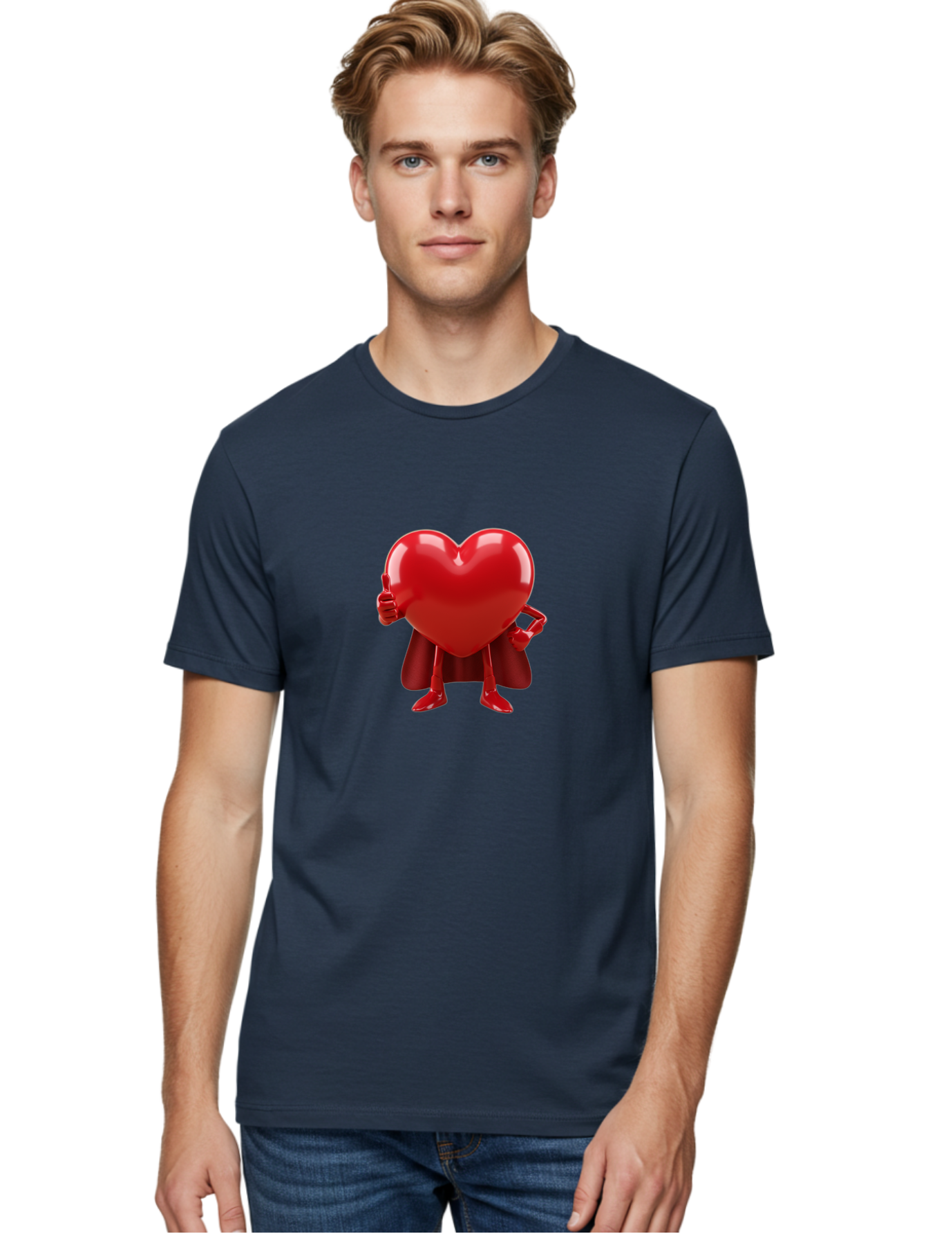 Super-Heart Men'S Graphic Tee, 100% Cotton, Comfortable Casual Summer Wear, Machine Washable, Heart Superhero, Red Heart Character, Thumbs Up Approval, Cape, Confidence, Positive Vibes, Cartoon Style, 3D Illustration, Love Symbol, Hero Pose Bae288 30