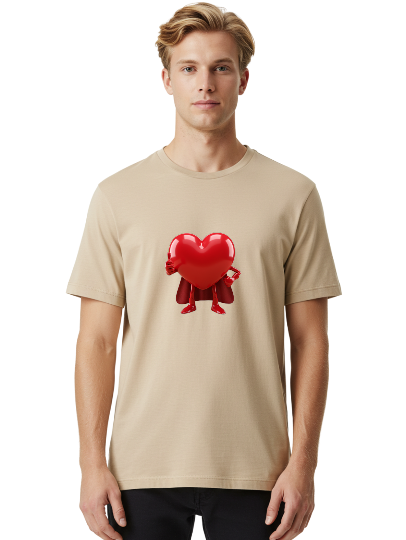 Super-Heart Men'S Graphic Tee, 100% Cotton, Comfortable Casual Summer Wear, Machine Washable, Heart Superhero, Red Heart Character, Thumbs Up Approval, Cape, Confidence, Positive Vibes, Cartoon Style, 3D Illustration, Love Symbol, Hero Pose Bae288 25