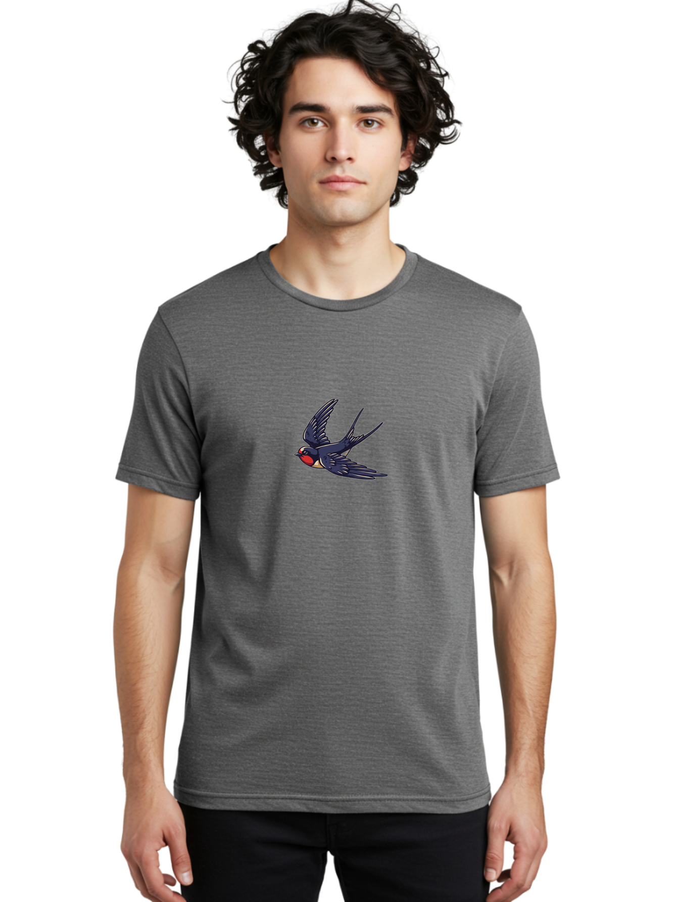 Swallow-1 Men'S Graphic Tee, 100% Cotton, Comfortable Casual Summer Wear, Machine Washable, Swallow Bird In Flight, Dark Blue Wings, Red Face, White Belly, Bird Illustration, Cartoon Style, Wildlife Art, Flying Bird, Stylized Portrait Bae289 28